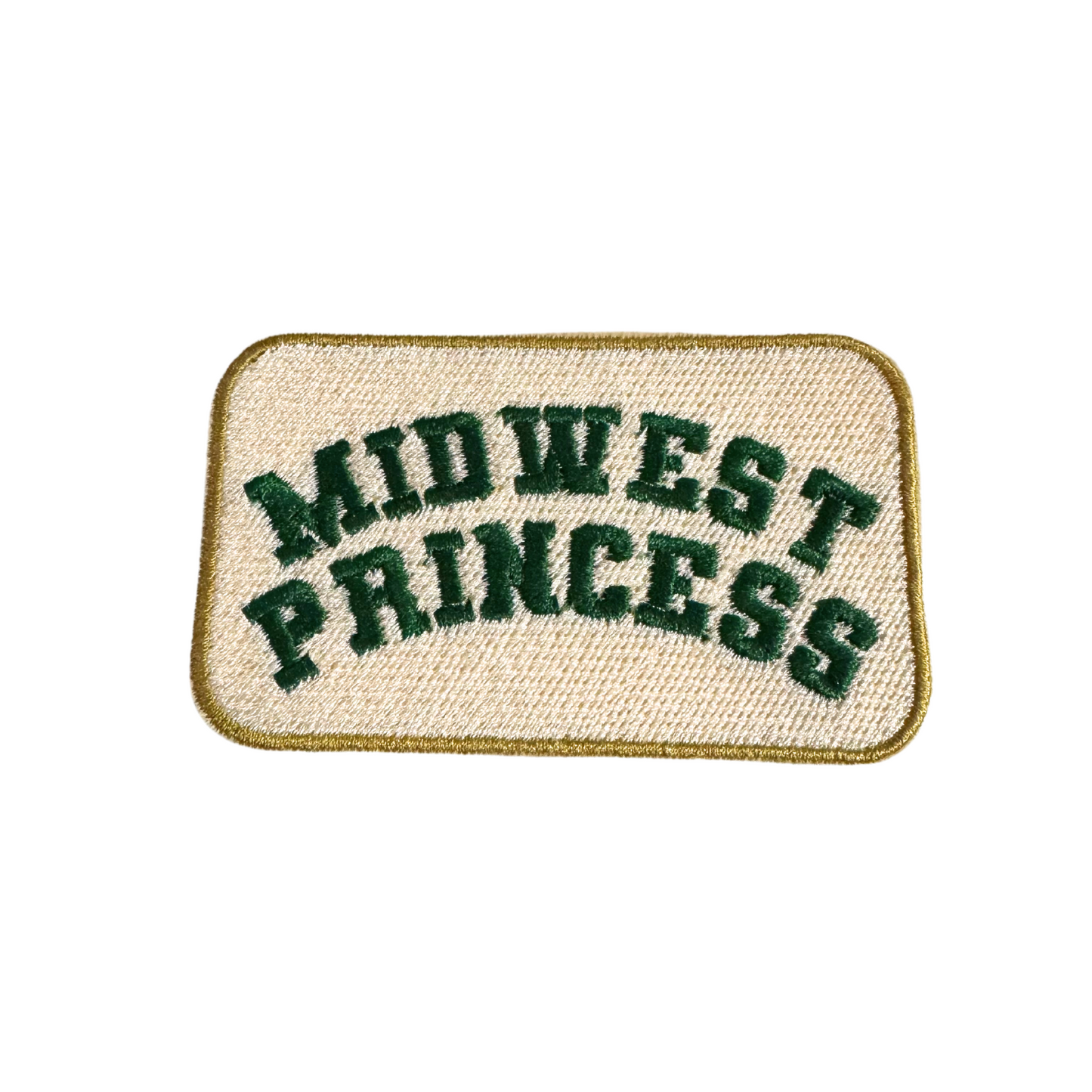 Midwest Princess iron-on patch with green embroidery and golden border, inspired by Chappell Roan, handmade and ready to ship.