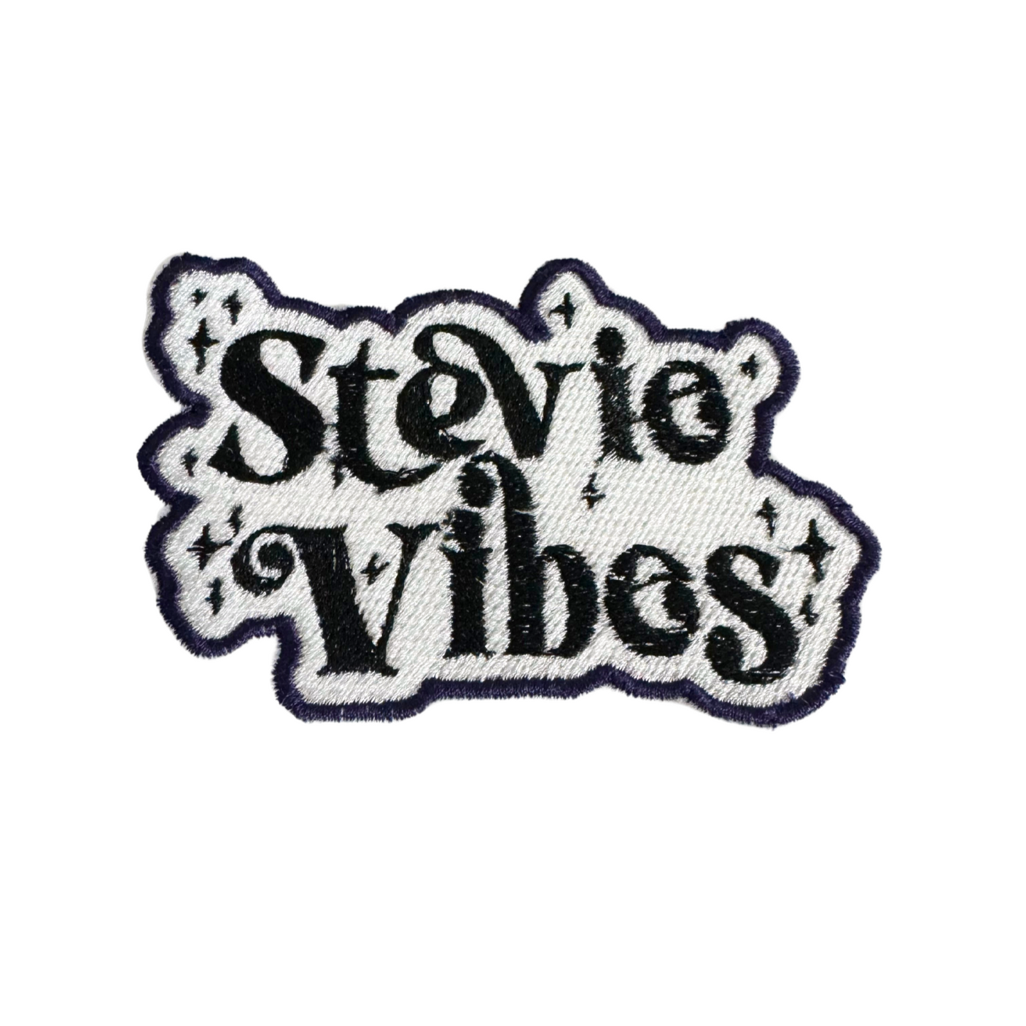 Stevie Nicks-inspired "Stevie Vibes" iron-on patch with black embroidery, star accents, handmade and mystical design.