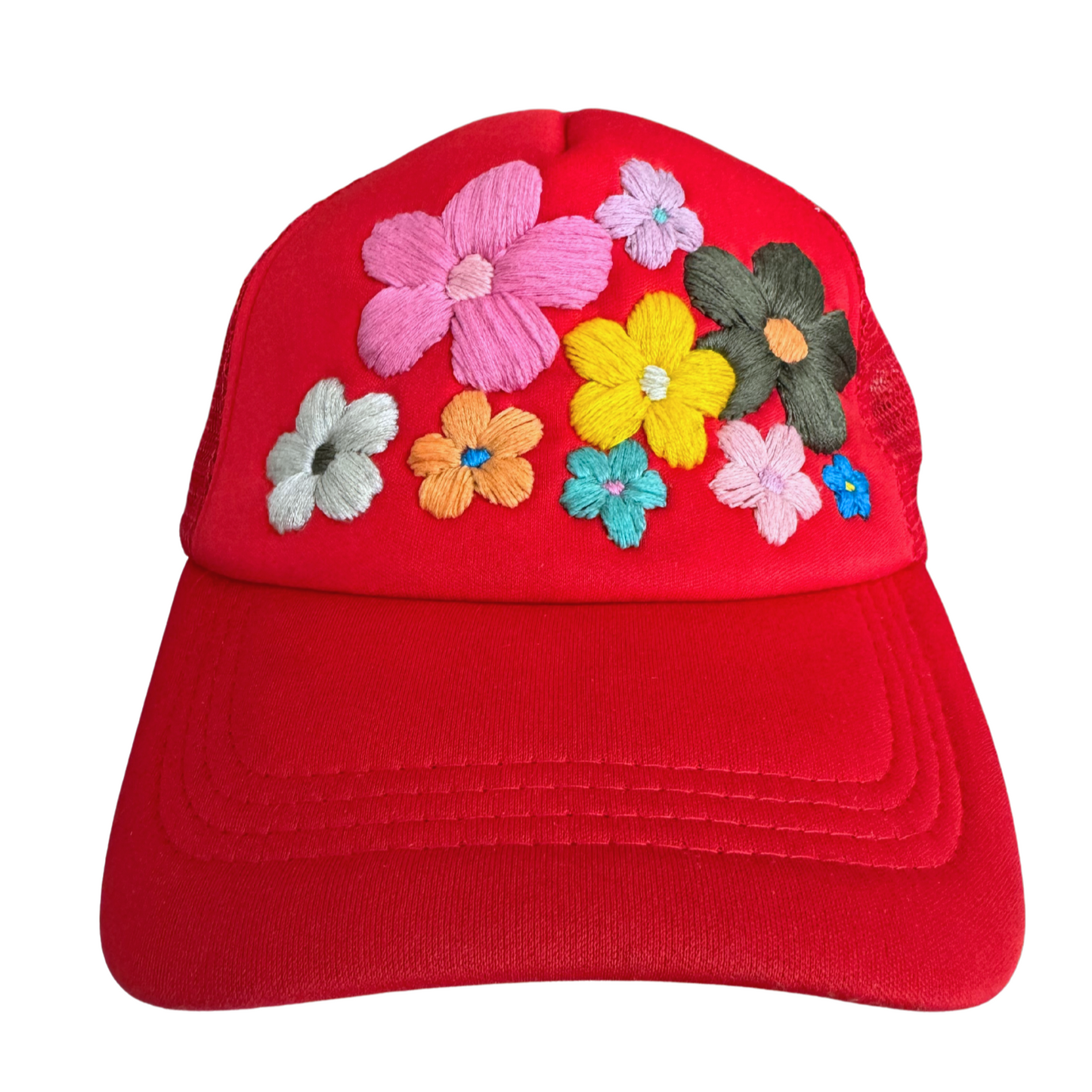 Red floral hat with hand-embroidered colorful flower design, made in Kansas City.