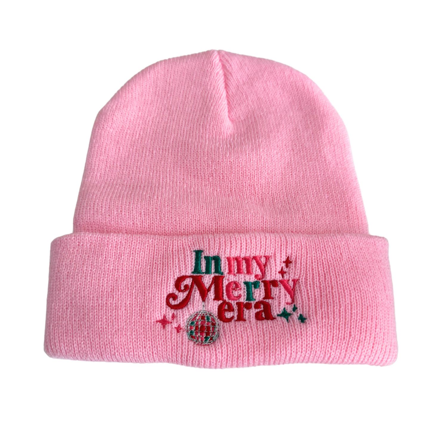 Pink beanie with "In My Merry Era" embroidery inspired by Taylor Swift and a disco ball detail