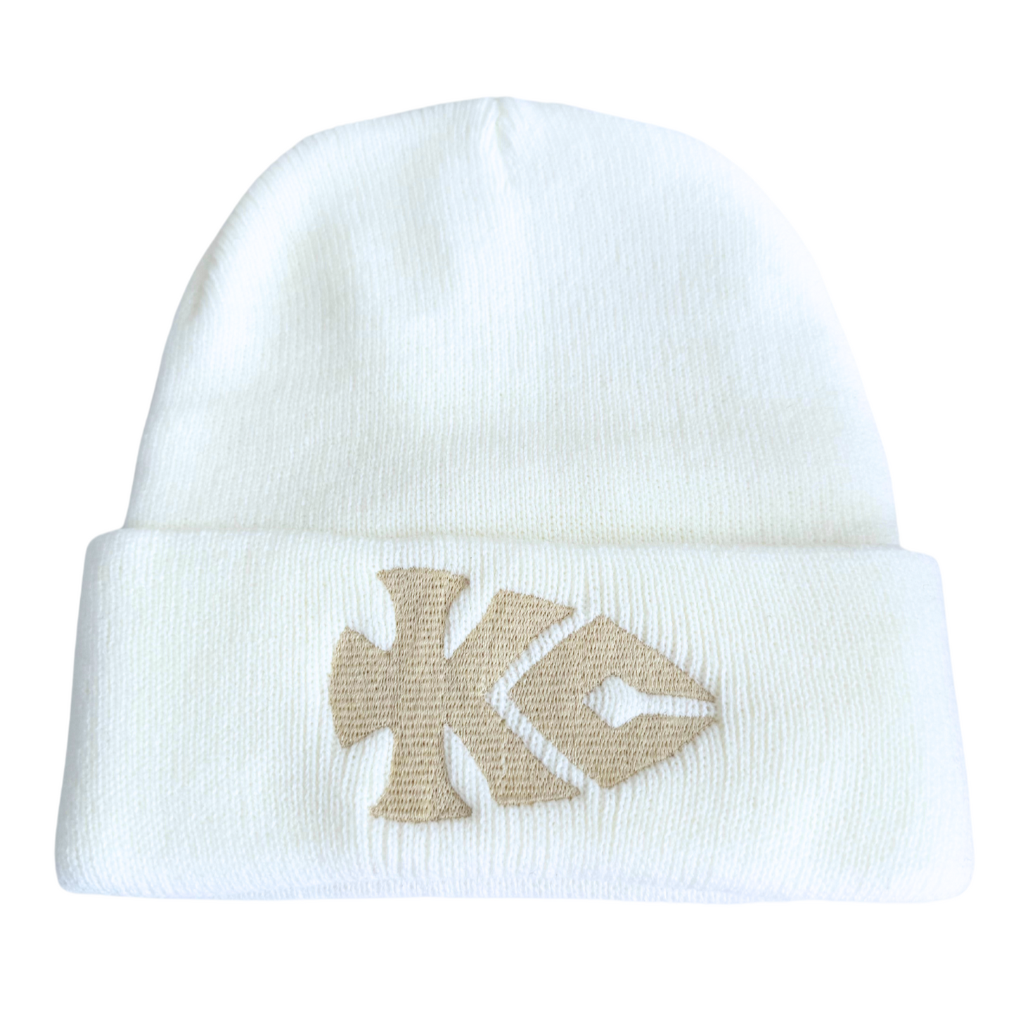 Winter white beanie with a light straw-colored KC arrowhead logo embroidery