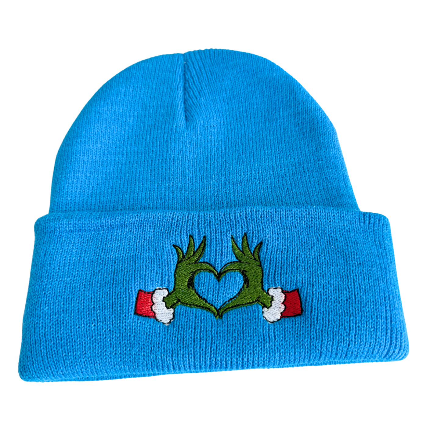 Grinch heart hands embroidery design on a blue youth beanie, inspired by Travis Kelce and Taylor Swift.