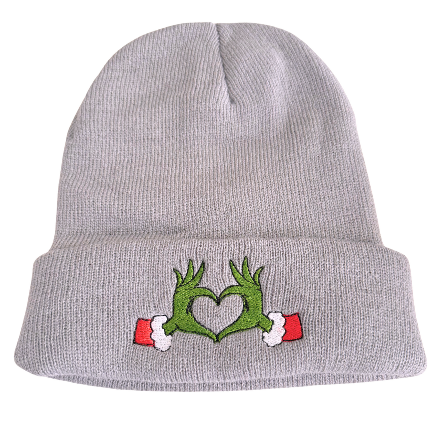 Gray beanie with Grinch heart hands embroidery inspired by Travis Kelce and Taylor Swift.