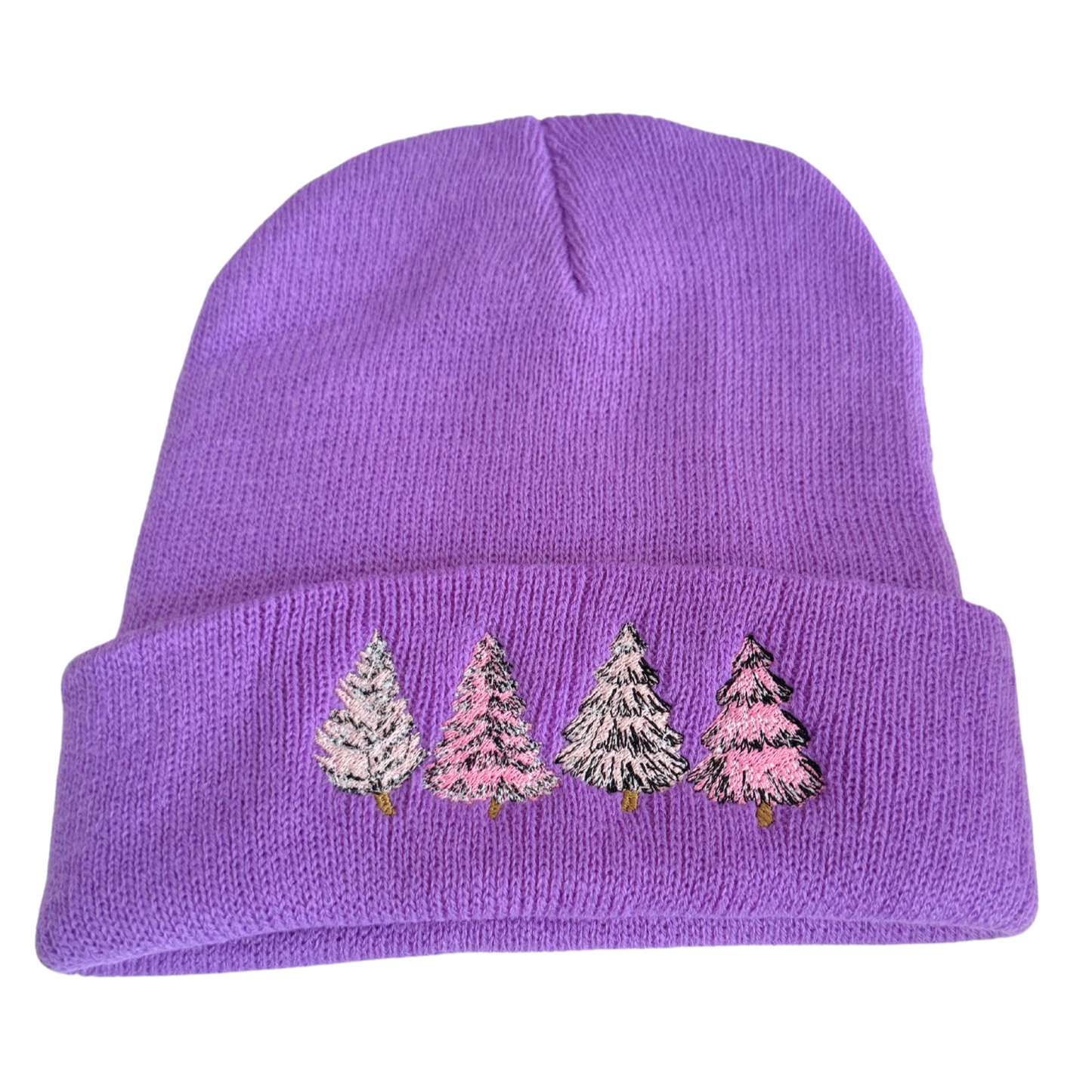 Lavender beanie with embroidered pastel Christmas trees in pink, white, and silver.