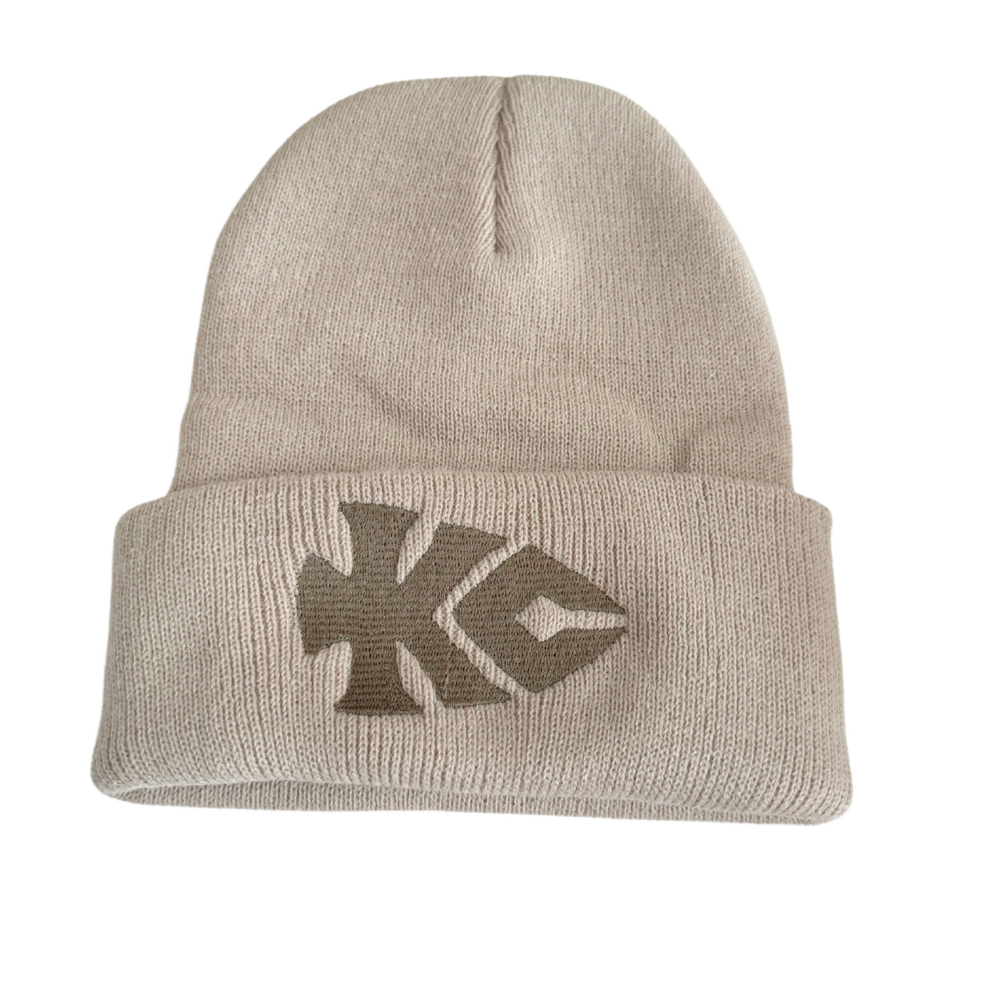 Khaki beanie with subtle wheat-colored KC arrowhead-inspired logo embroidery.