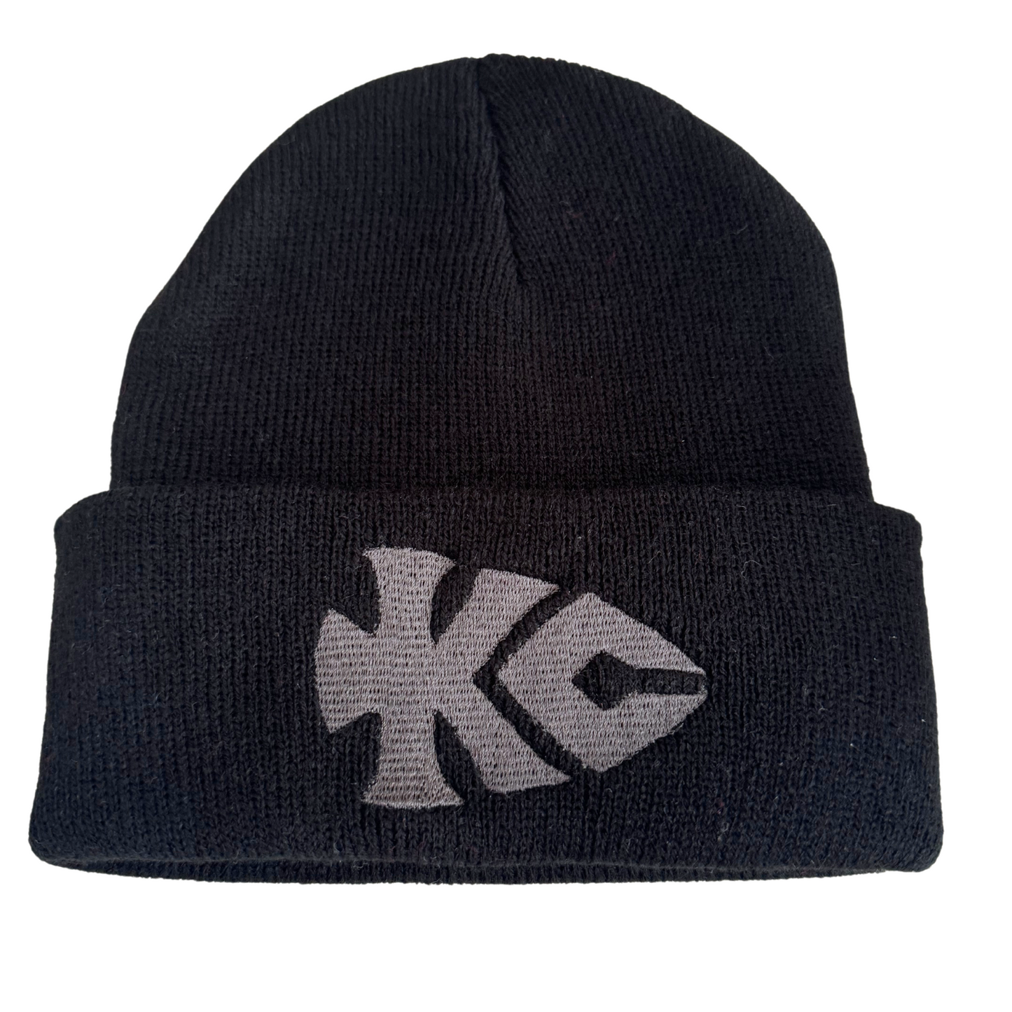 Black beanie with gray KC Chiefs arrowhead logo embroidery.
