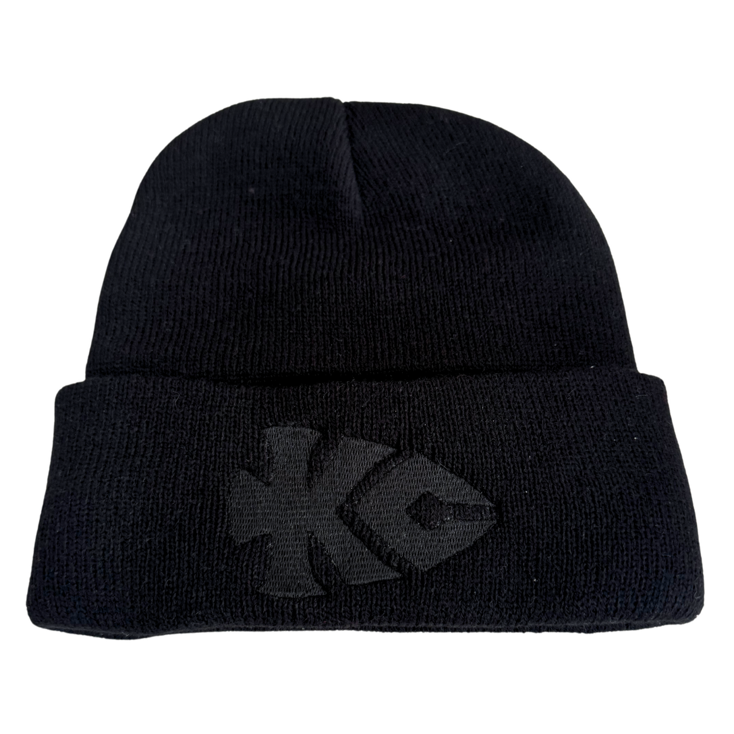 All-black beanie with stealth KC Chiefs arrowhead embroidered logo.