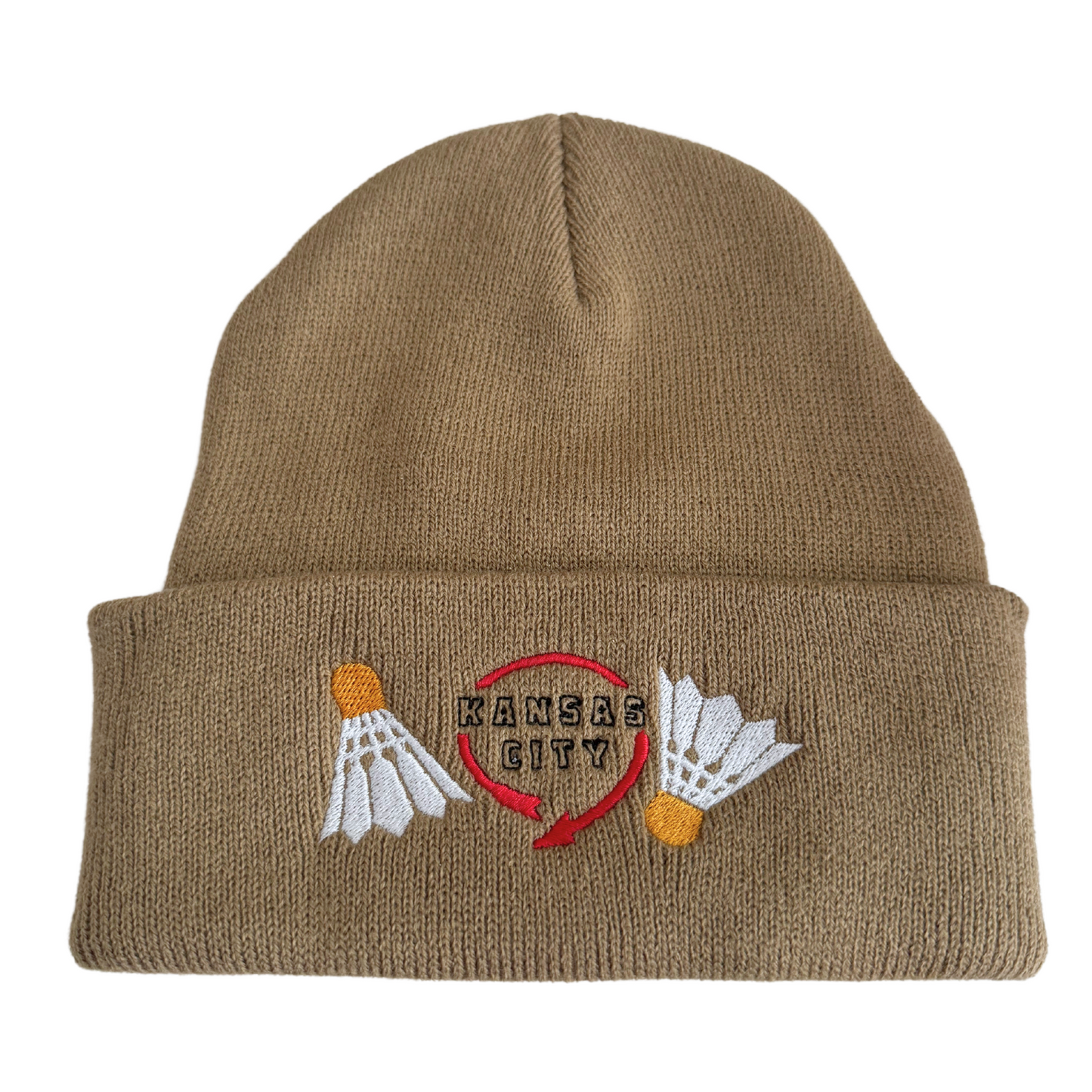 Khaki beanie with embroidered Kansas City shuttlecock sculptures and Western Auto-inspired design.