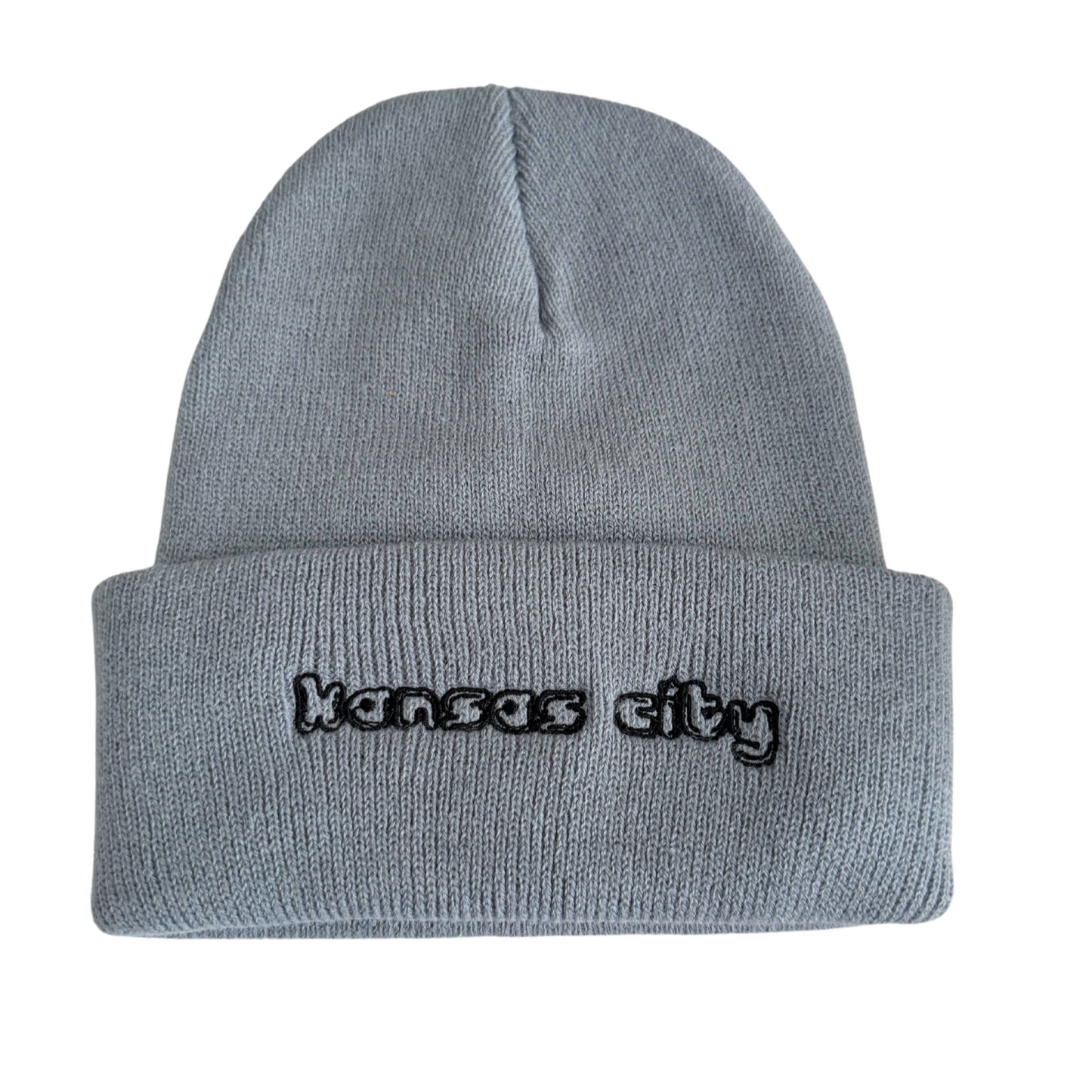 Gray beanie with black embroidered "Kansas City" script in adult size.