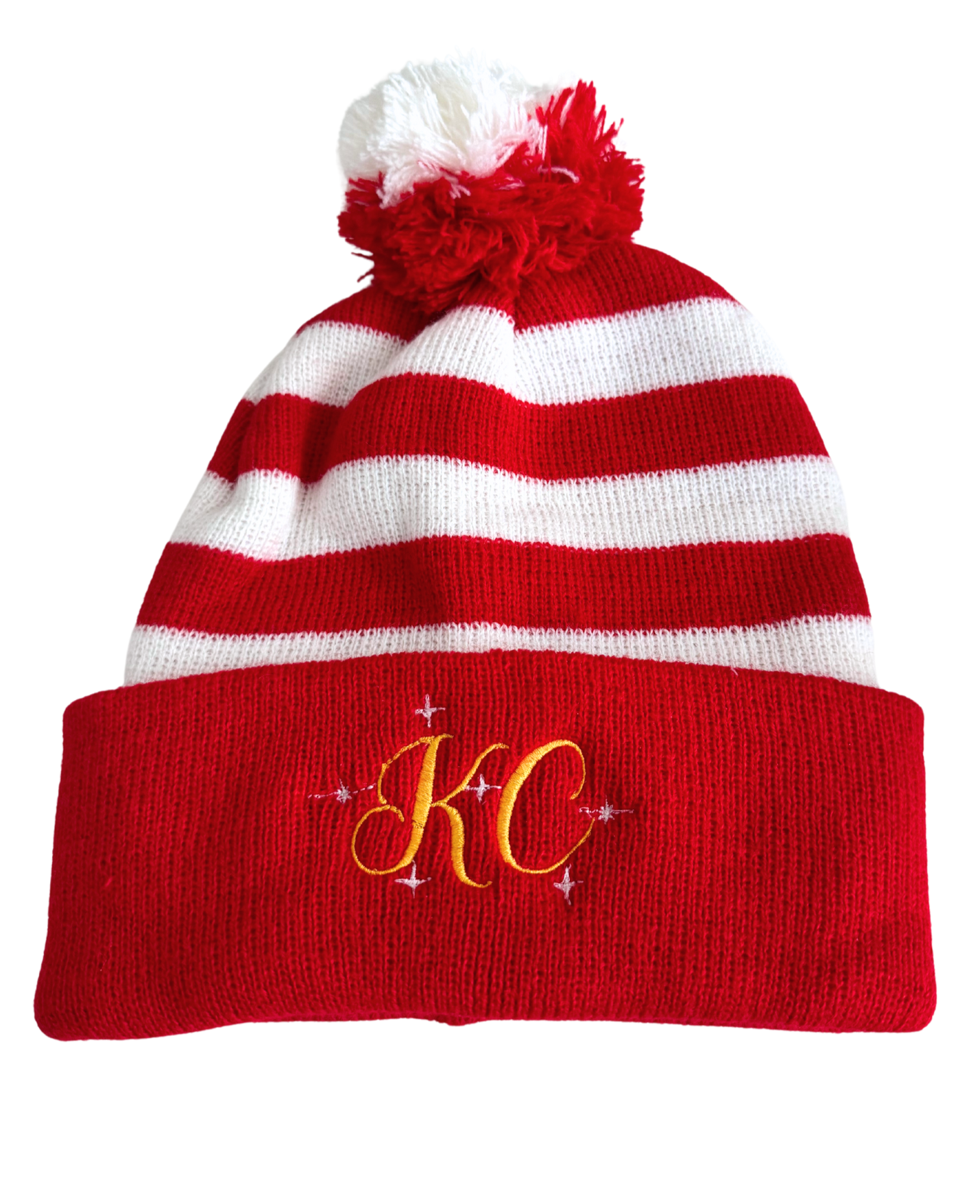 Red and white striped beanie with red and white pom-pom and gold "KC" embroidery with sparkle accents, adult size, festive Chiefs hat.