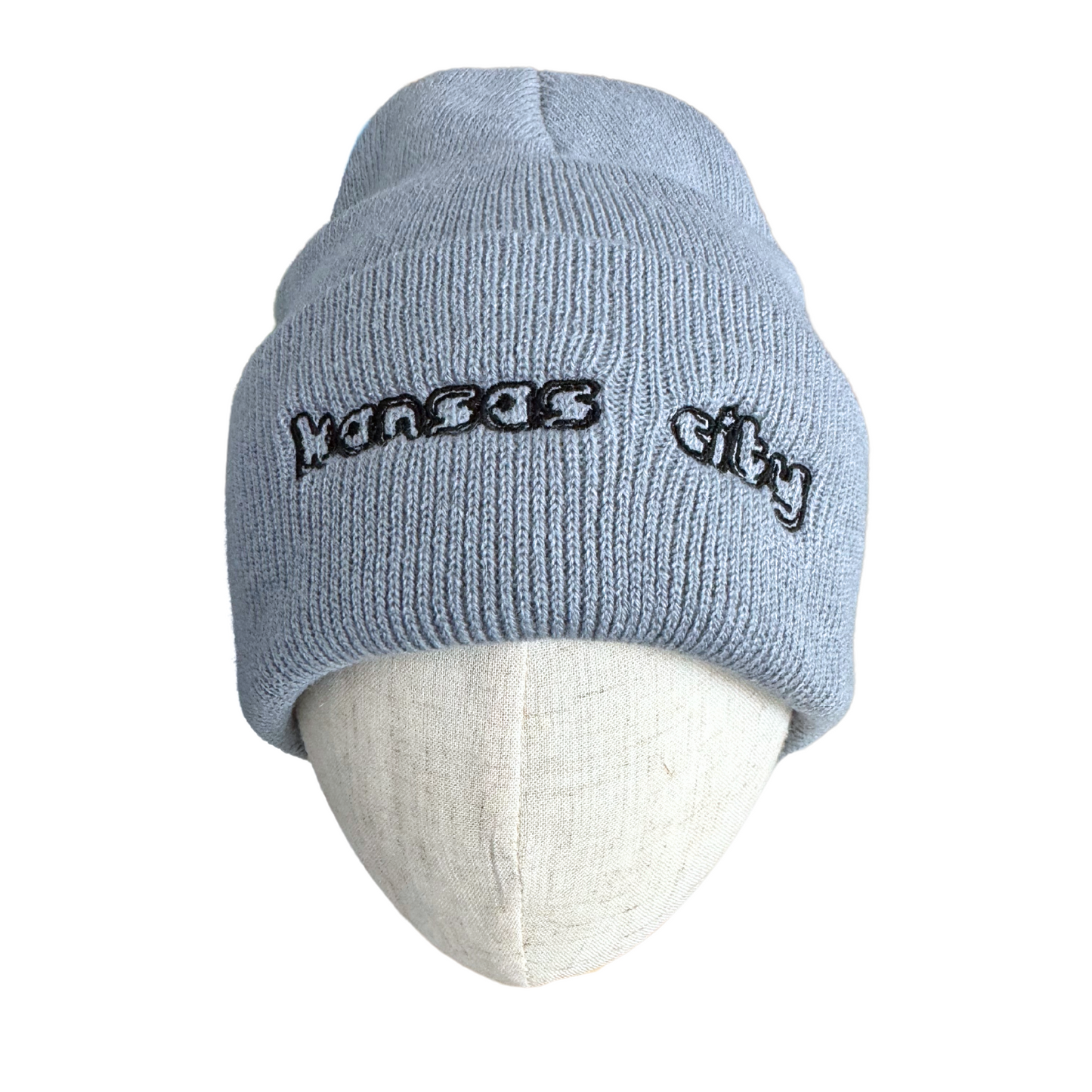 Kansas City Script Beanie in gray with black embroidered text, adult size.