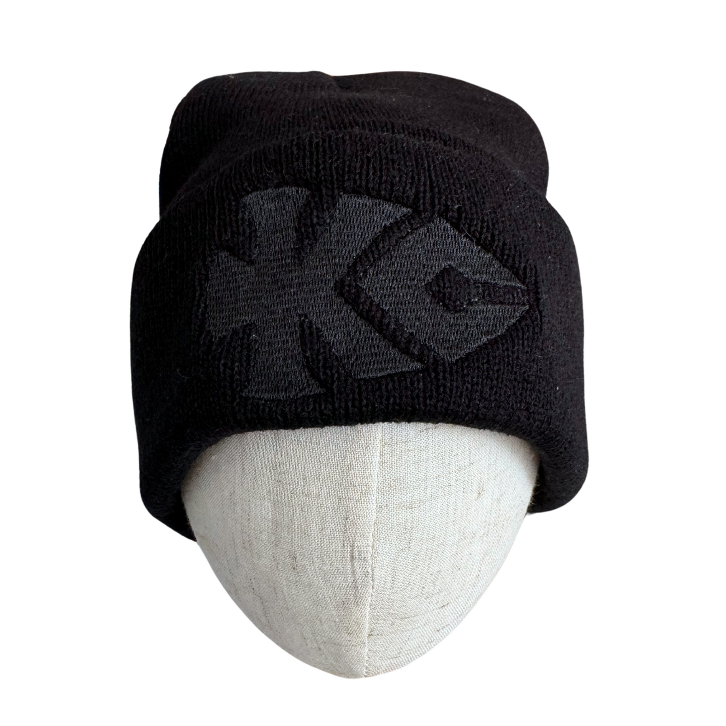 All-black KC Chiefs arrowhead beanie, adult size, stealth fan gear.