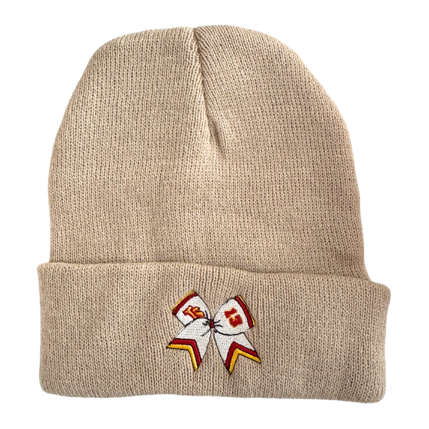 Khaki beanie with embroidered white cheer bow in KC Chiefs colors, featuring "TS" and the number "13" inspired by Taylor Swift.