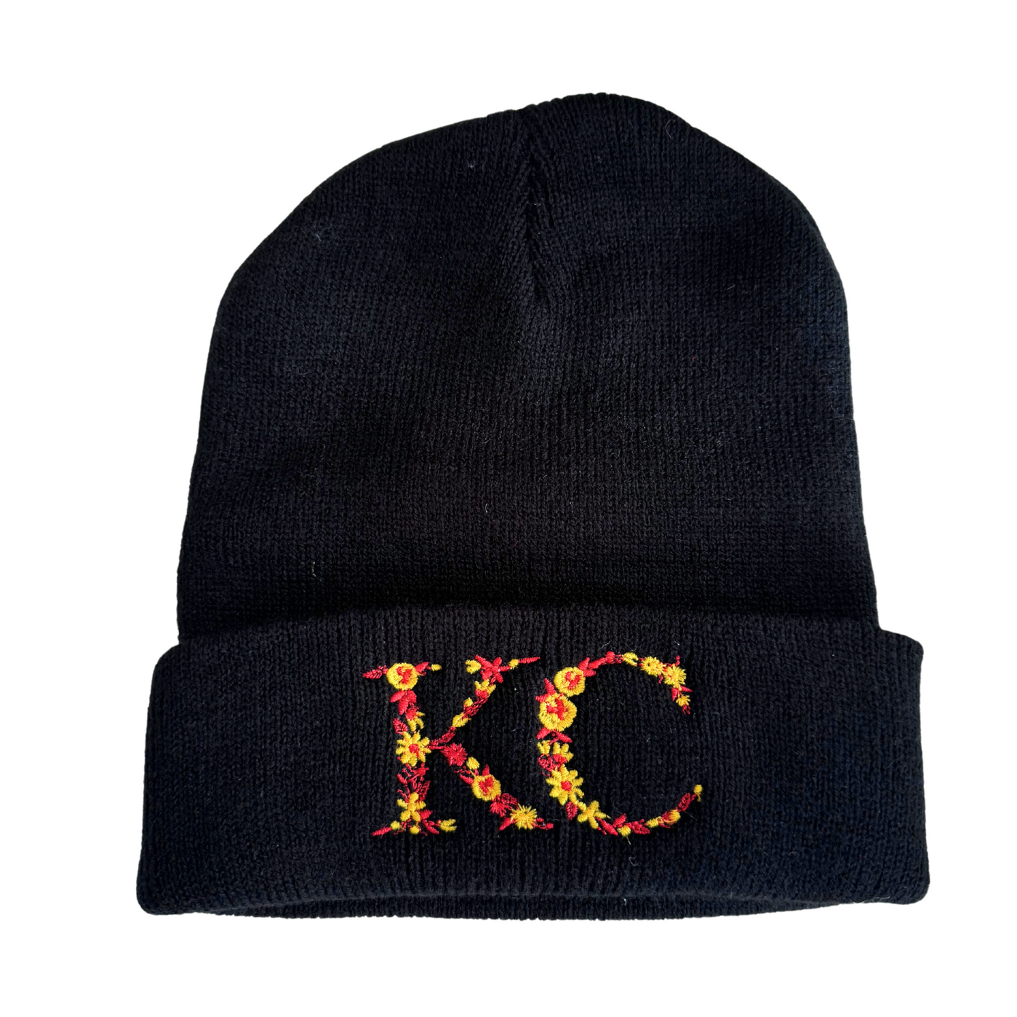 Black beanie with floral "KC" embroidery in red and yellow, adult size, Chiefs-inspired Kansas City hat.