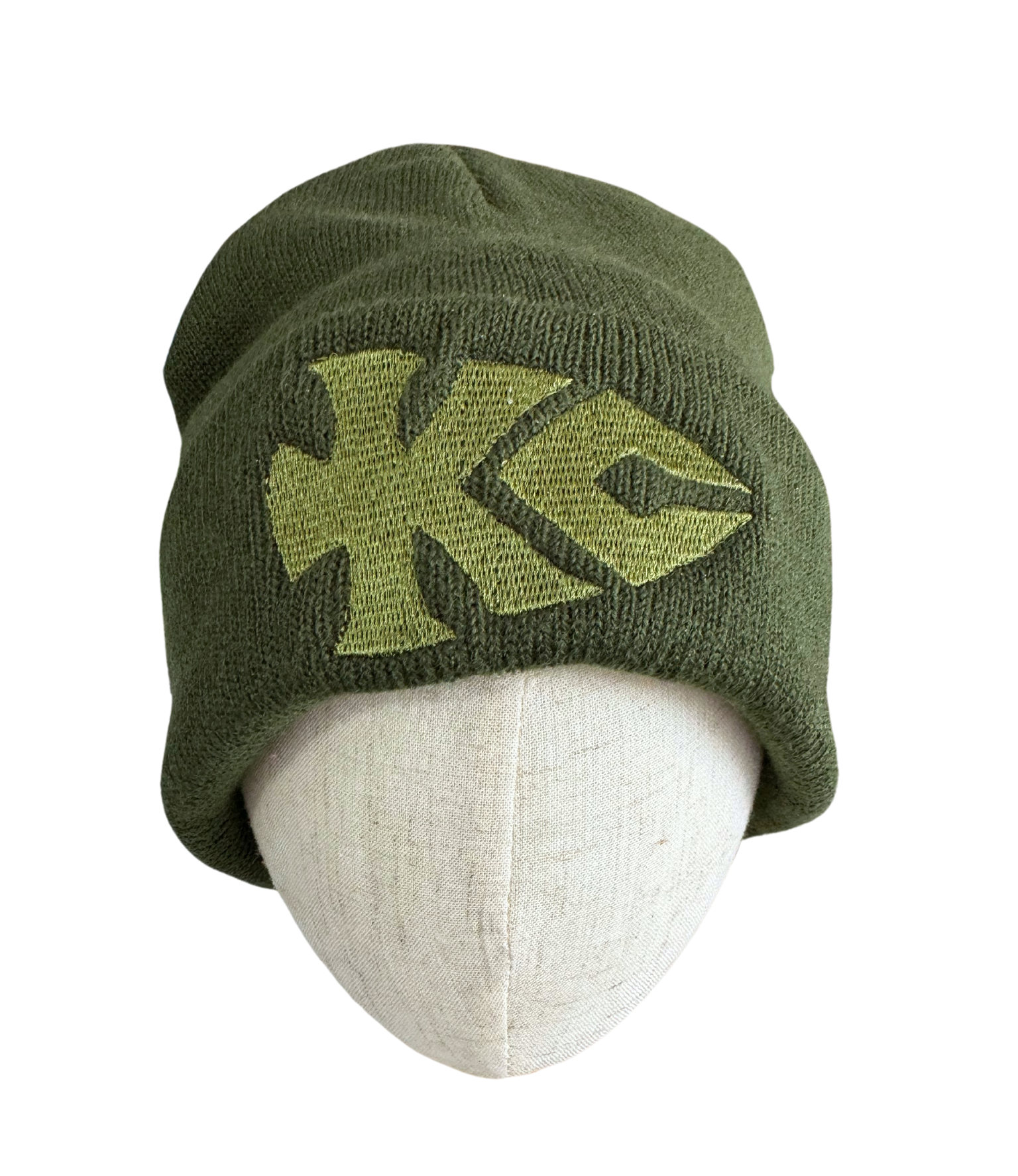 Olive green KC Arrowhead embroidered beanie, Kansas City Chiefs inspired, adult size hat.