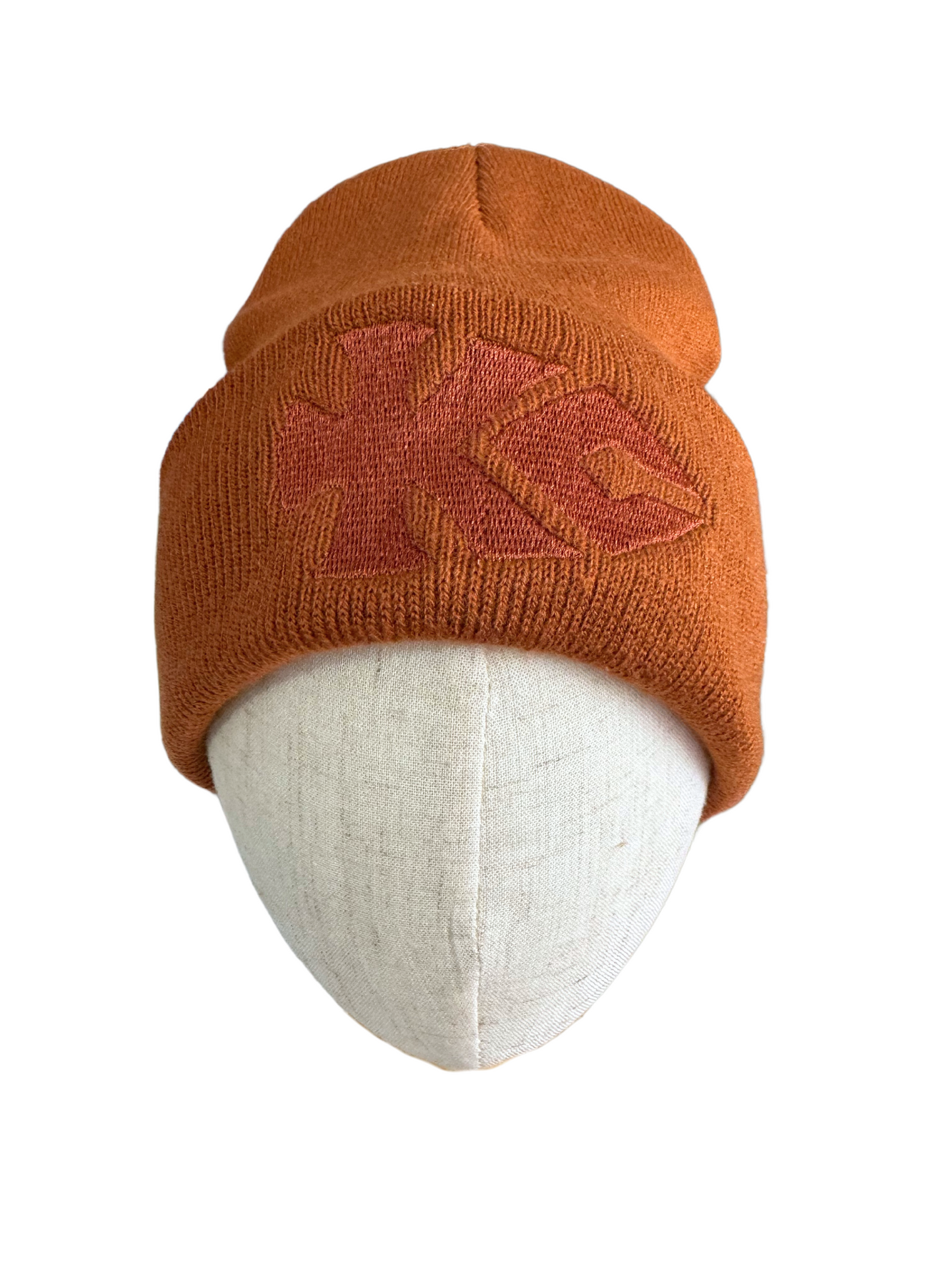 Rust orange KC Arrowhead beanie with embroidered logo, Kansas City Chiefs inspired, adult size.
