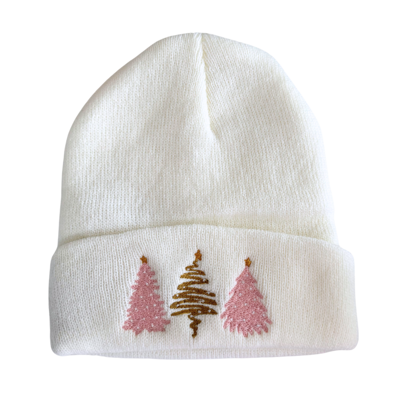 Winter white beanie with minimalist pink and gold Christmas tree embroidery, adult size, holiday season accessory.