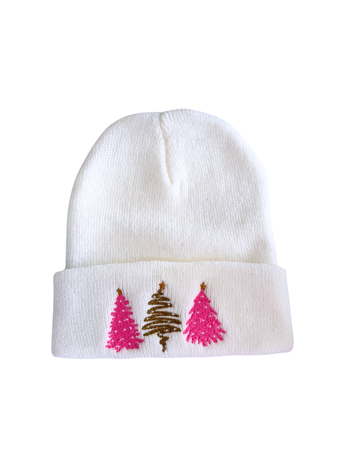 Winter white beanie with pink and gold Christmas tree embroidery, adult size, festive holiday accessory.