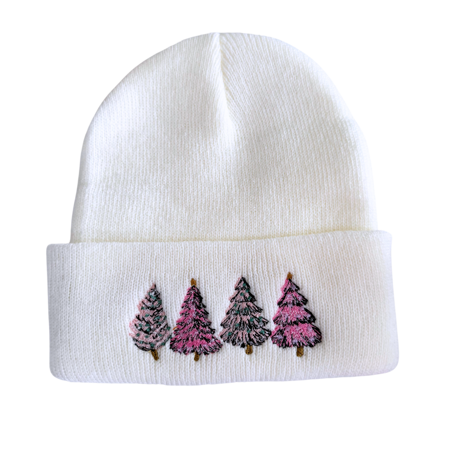 Winter white beanie with embroidered pink frosted trees, adult size, festive holiday accessory.