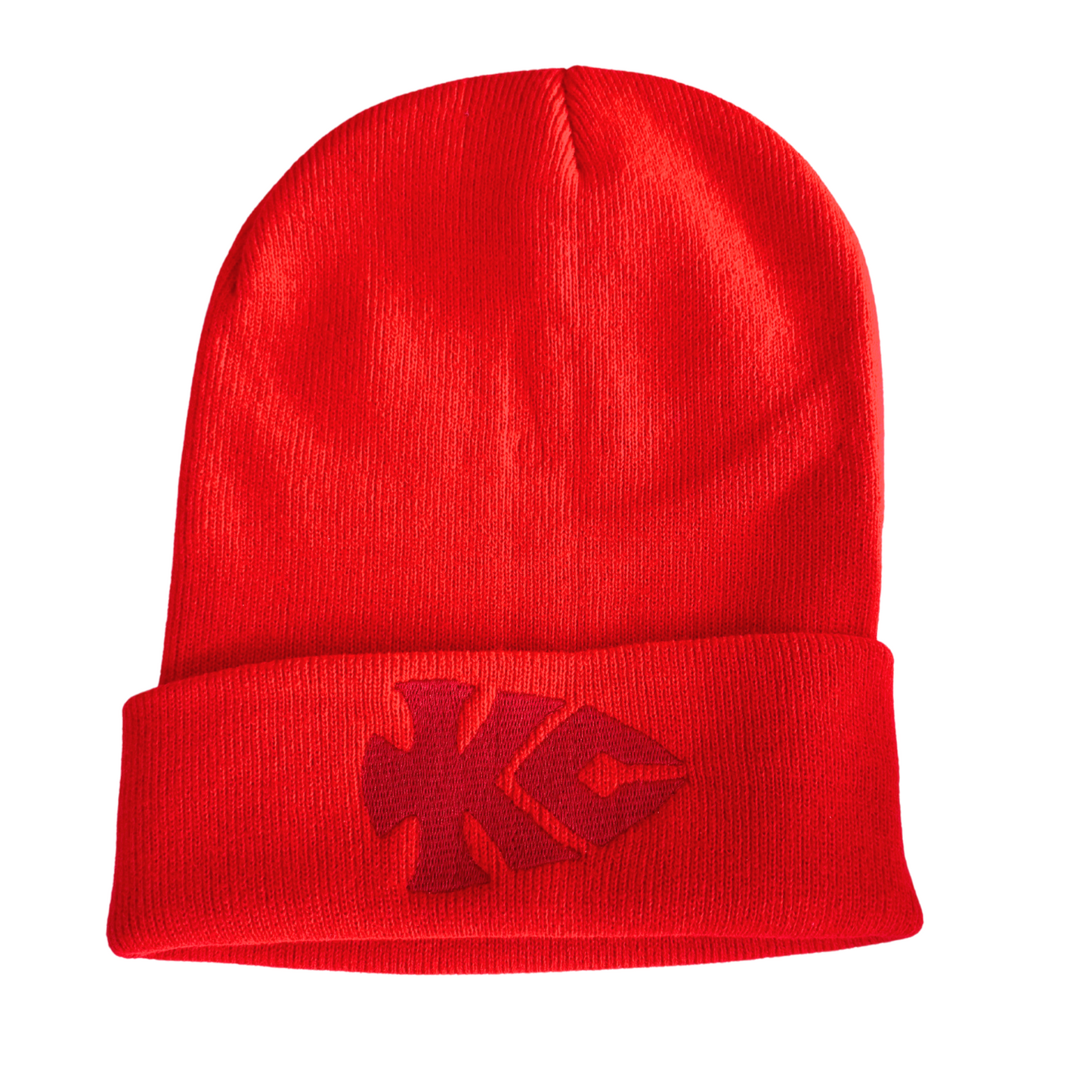 Red beanie with KC arrowhead logo embroidered in matching red, adult size, Kansas City Chiefs-inspired.