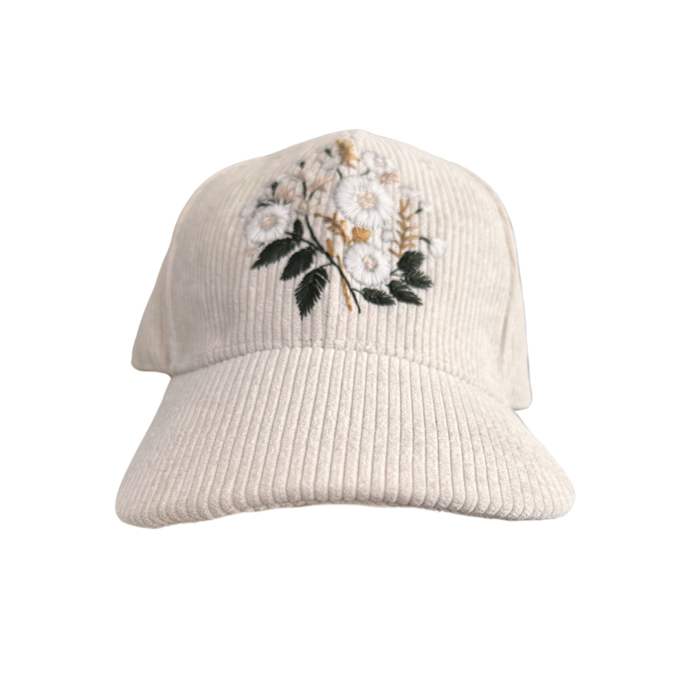 Boho white floral corduroy hat with hand-embroidered neutral design.