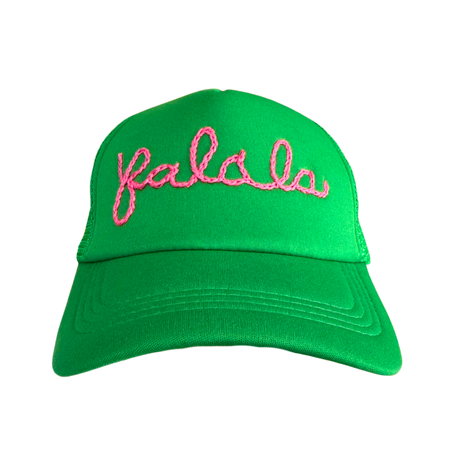 Green holiday hat with festive pink "Fa La La" hand-embroidery, handmade and ready to ship.