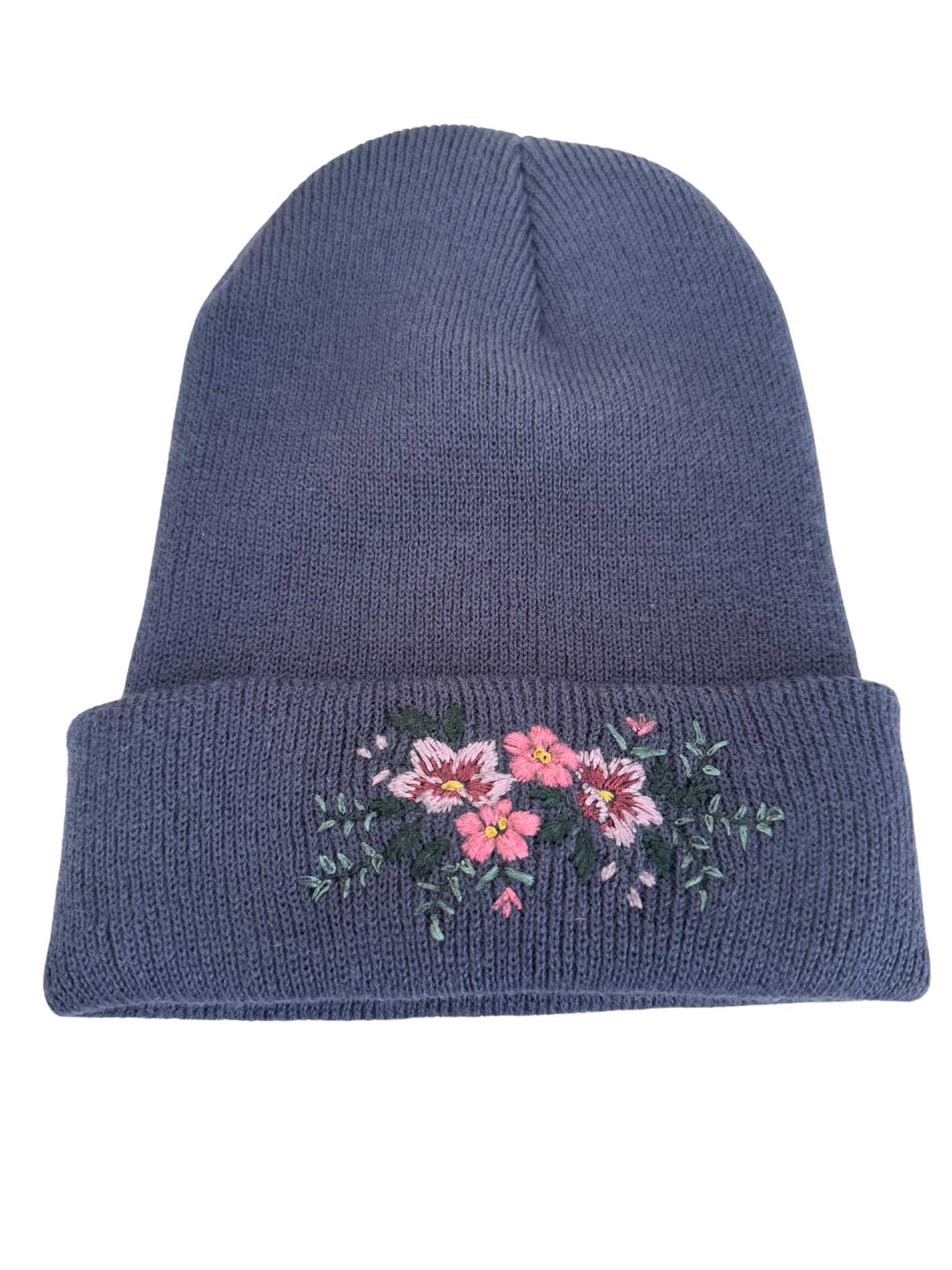 Blue/Gray knit beanie featuring detailed hand embroidery of pink wildflowers and greenery.