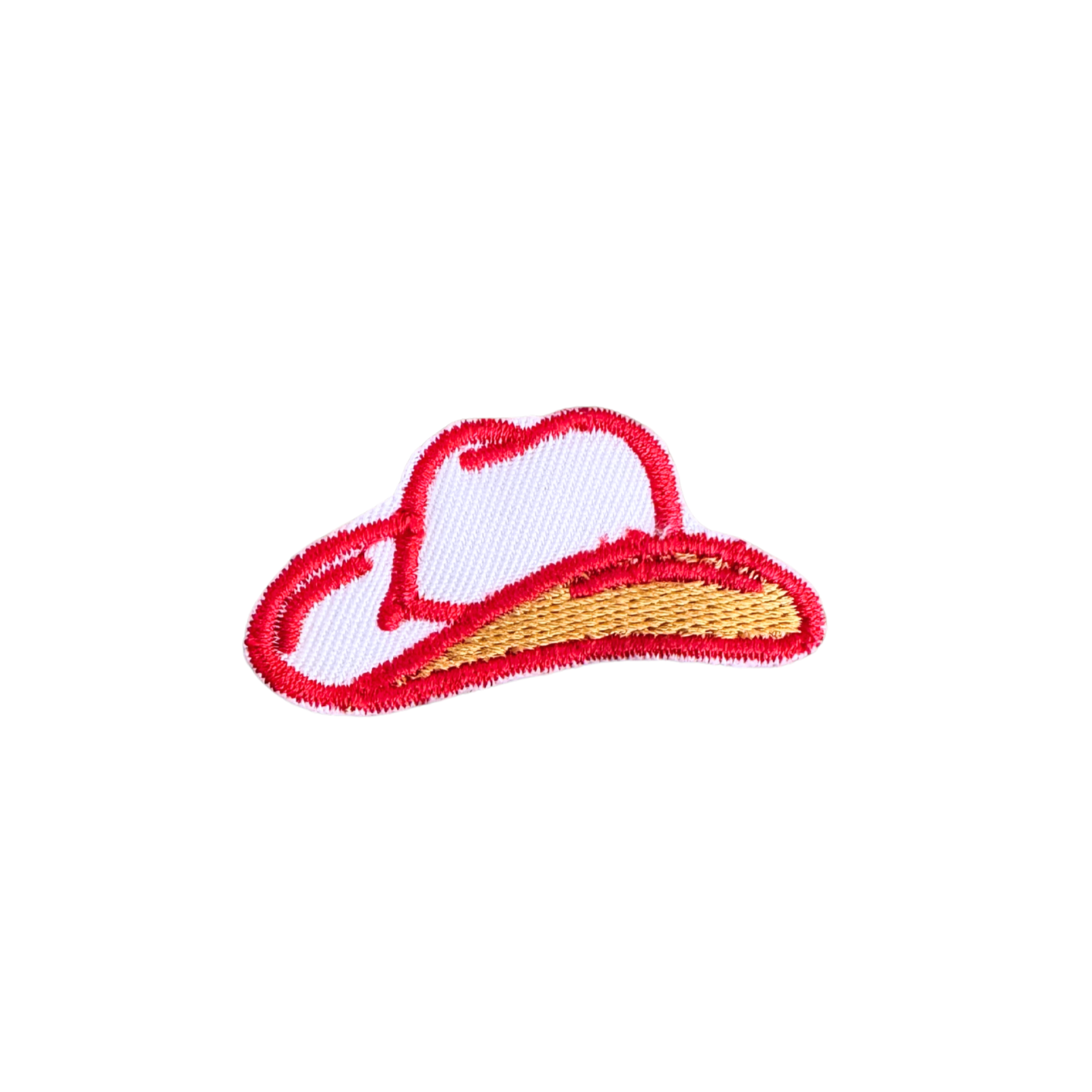 Handmade embroidered cowboy hat iron-on patch in Kansas City Chiefs colors, red and gold, ready to ship.