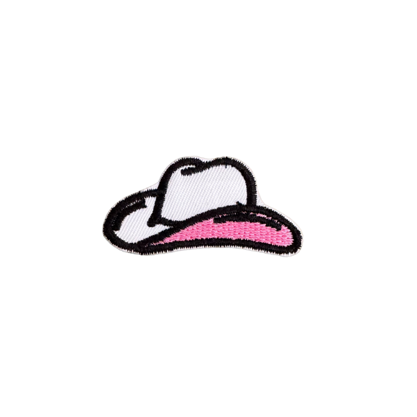 Handmade embroidered pink cowboy hat iron-on patch with black and white accents, ready to ship.