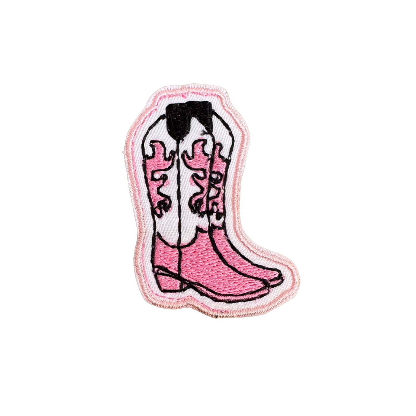 Handmade embroidered pink cowgirl boots iron-on patch with black and white detailing, ready to ship.