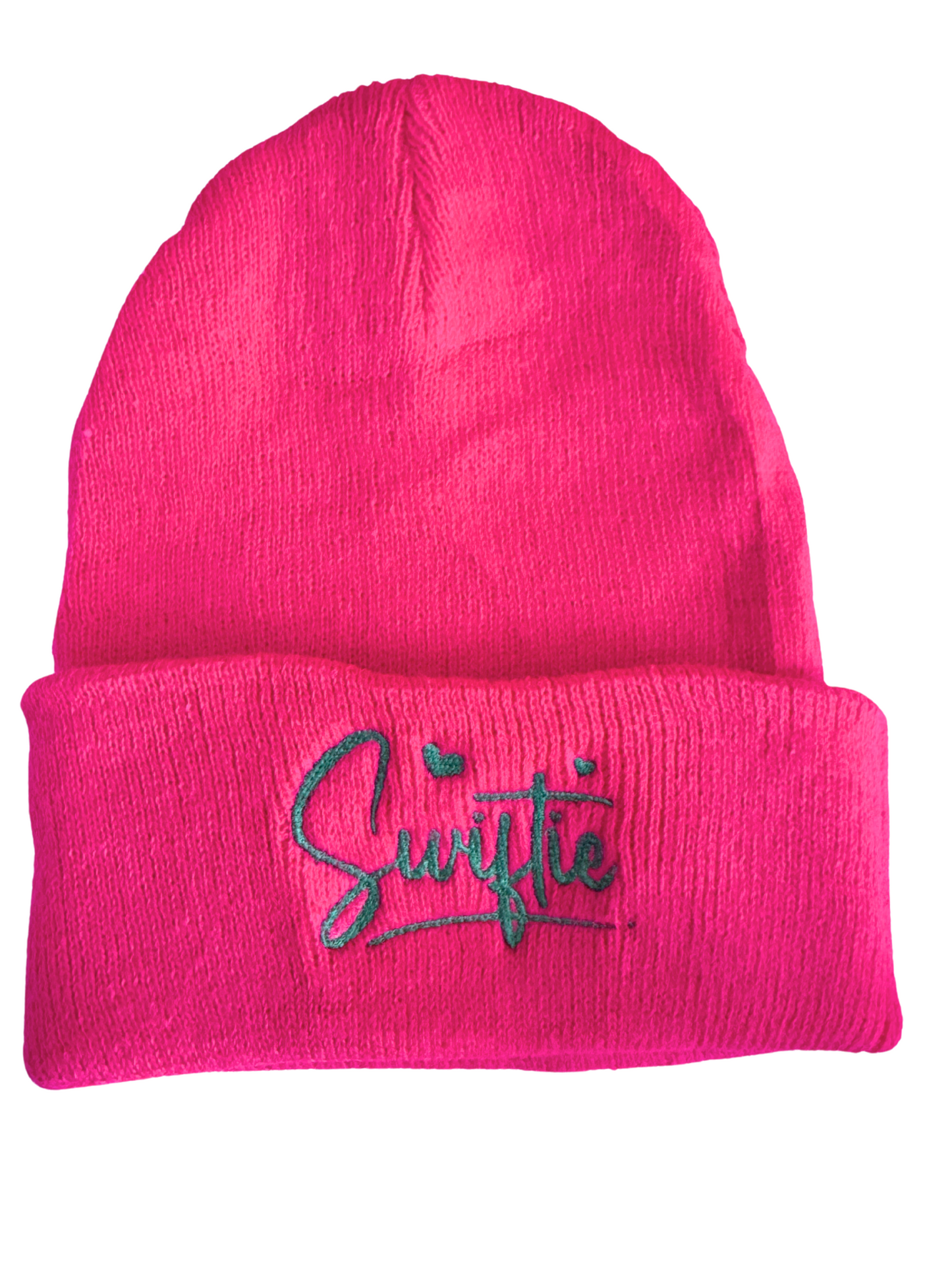 Hot pink beanie with teal "Swiftie" embroidery.