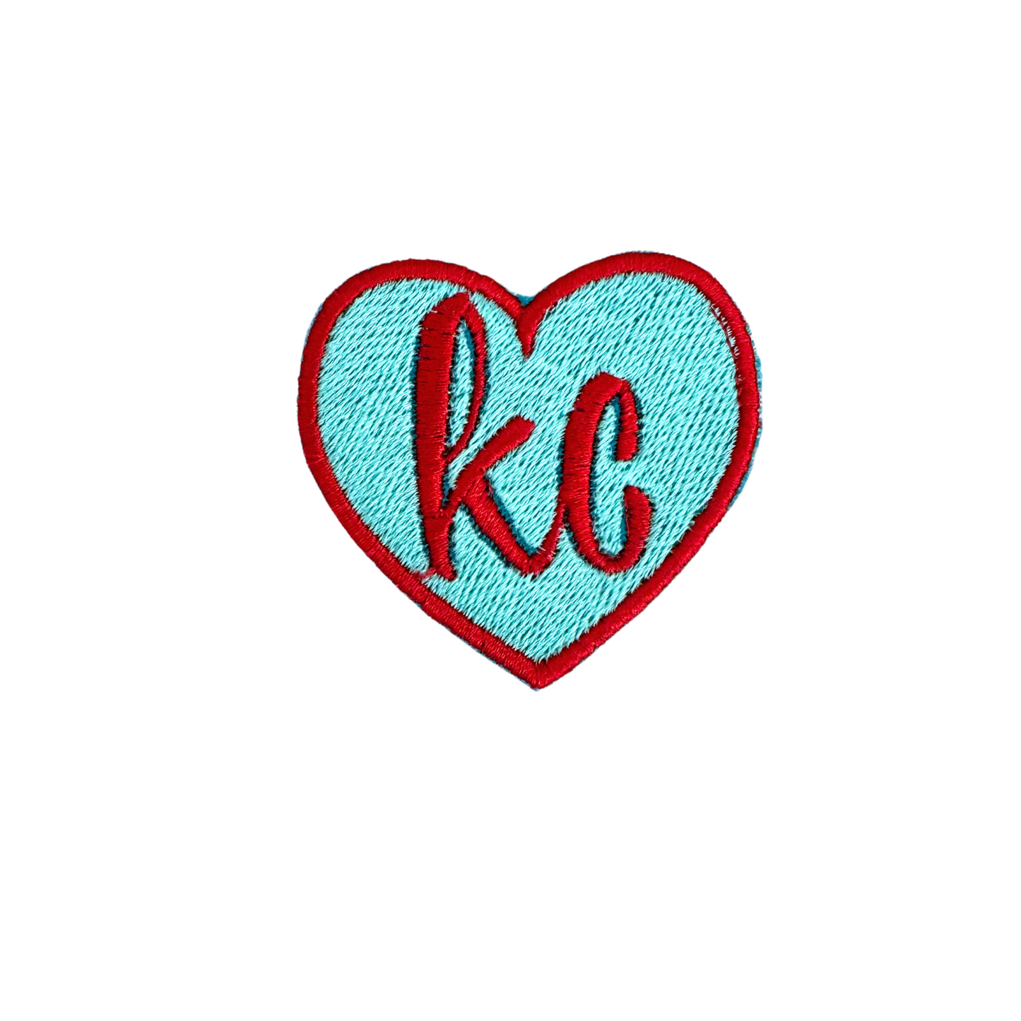 KC Heart Iron-On Patch in aqua blue and red, inspired by KC Current, handmade and ready to ship.
