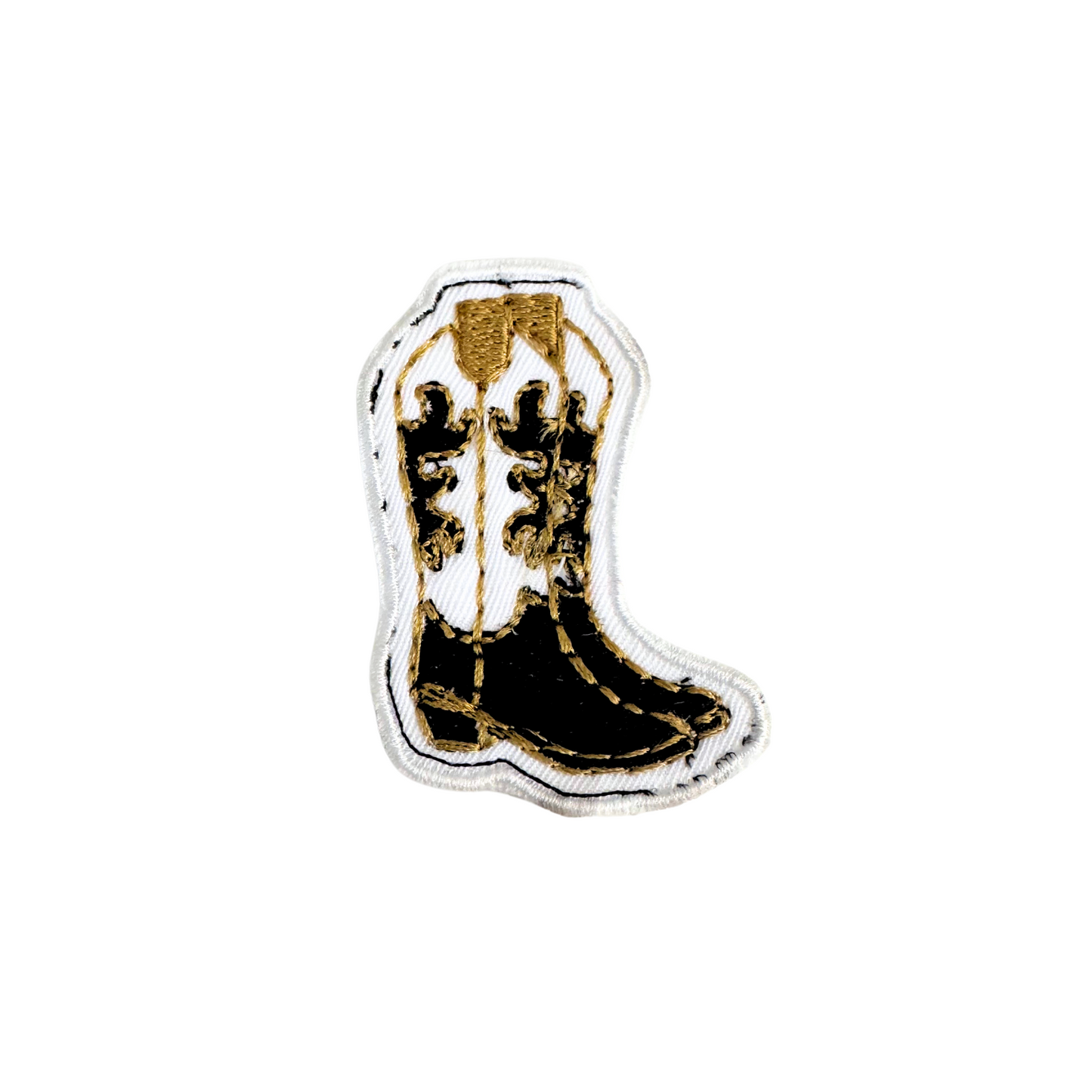 Handmade black and gold cowboy boot iron-on patch in MU colors.