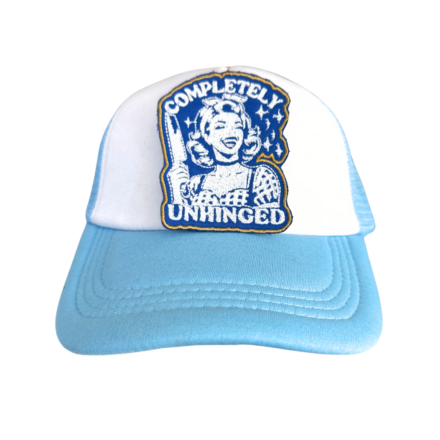 Handmade "Completely Unhinged" iron-on patch featuring a retro character with a cleaver, blue and white embroidery, ready to ship.