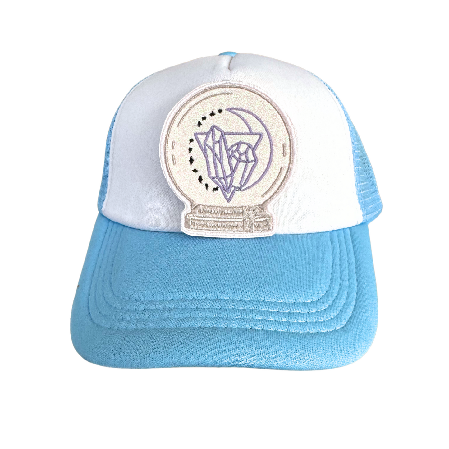 Handmade crystal ball iron-on patch featuring purple crystals, a crescent moon, and stars, ready to ship.