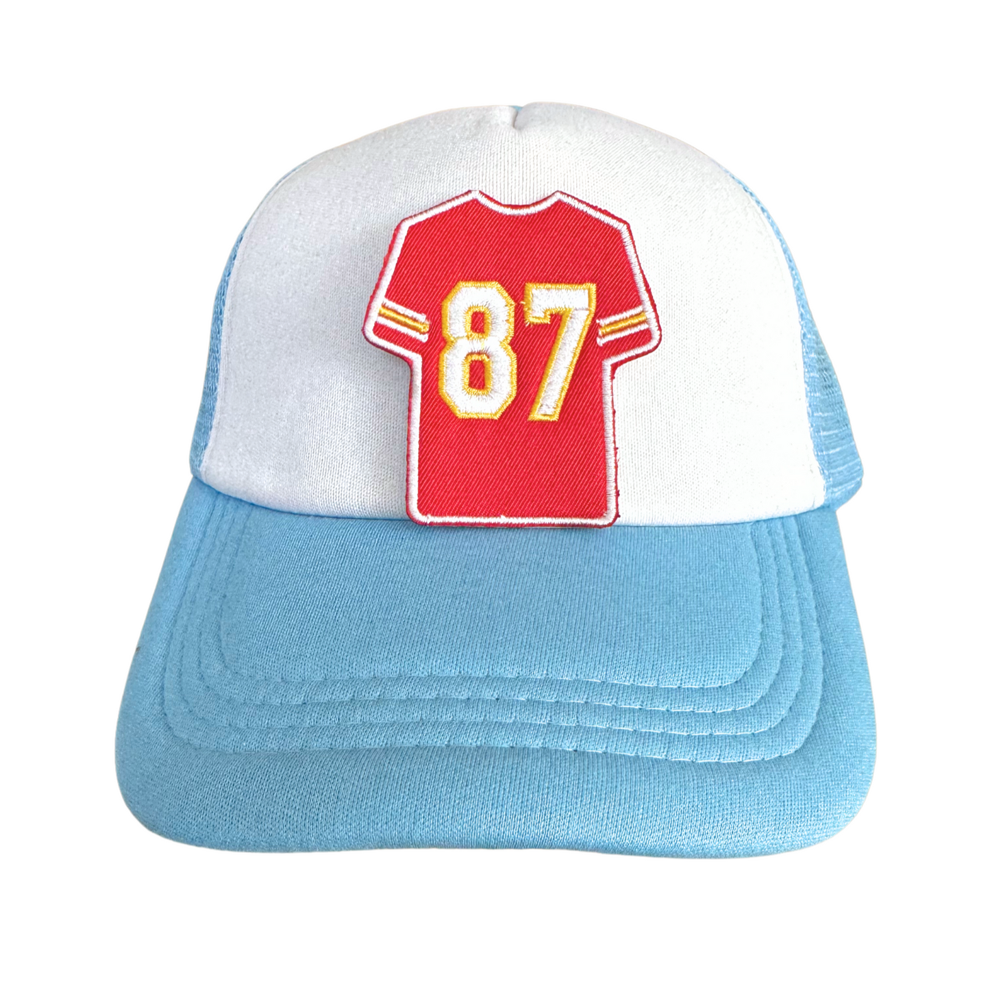 Handmade 87 jersey iron-on patch inspired by the Kansas City Chiefs, featuring red, white, and gold embroidery.