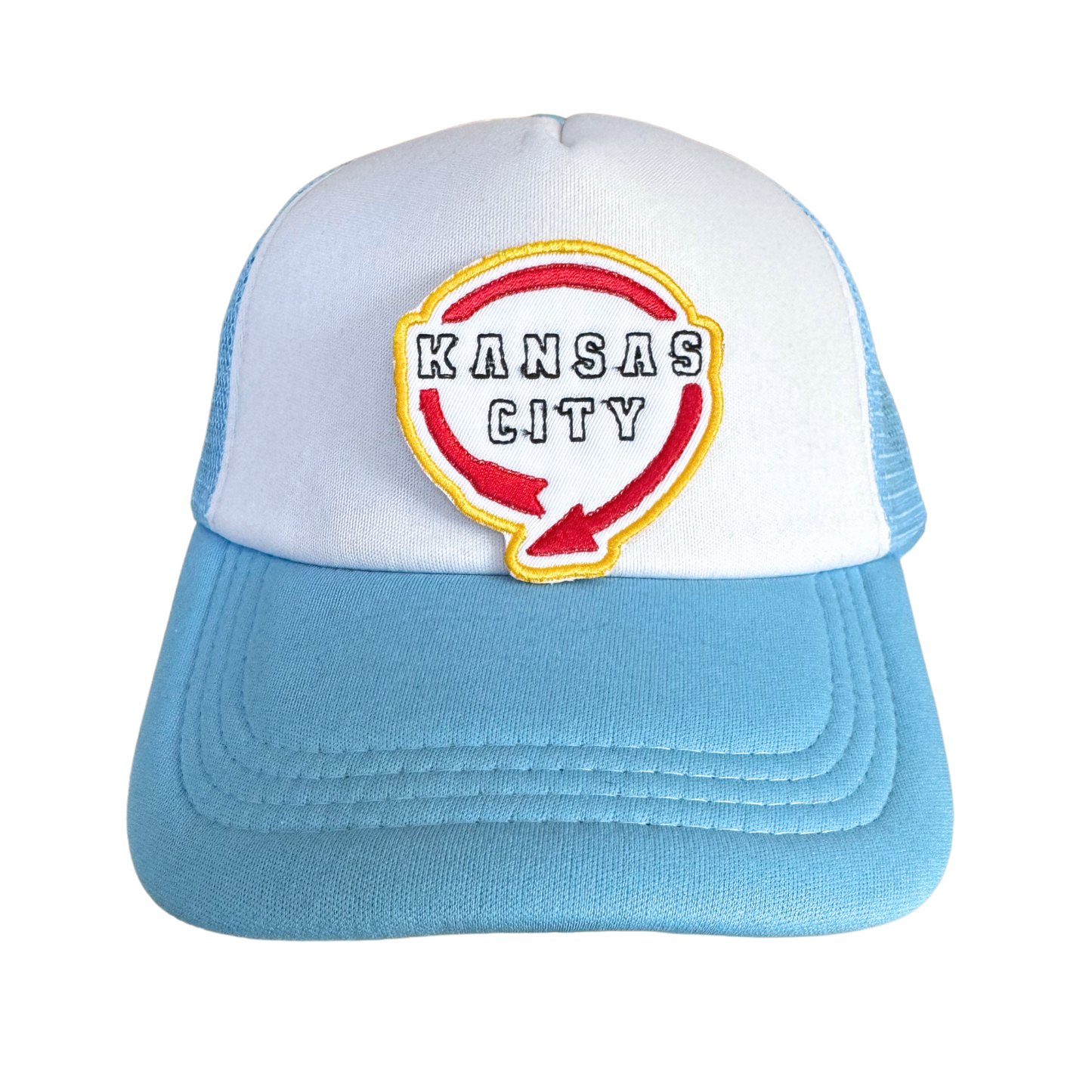 Kansas City iron-on patch inspired by the Western Auto sign, featuring "Kansas City" in red, white, and yellow Chiefs colors.