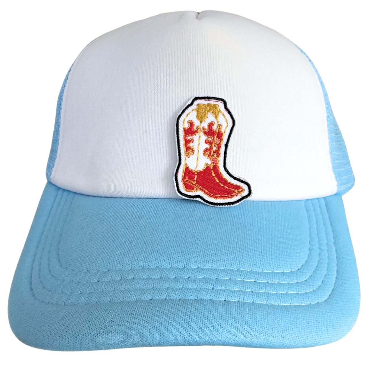 Handmade red cowboy boot iron-on patch with gold and white details, inspired by Kansas City Chiefs colors, ready to ship.