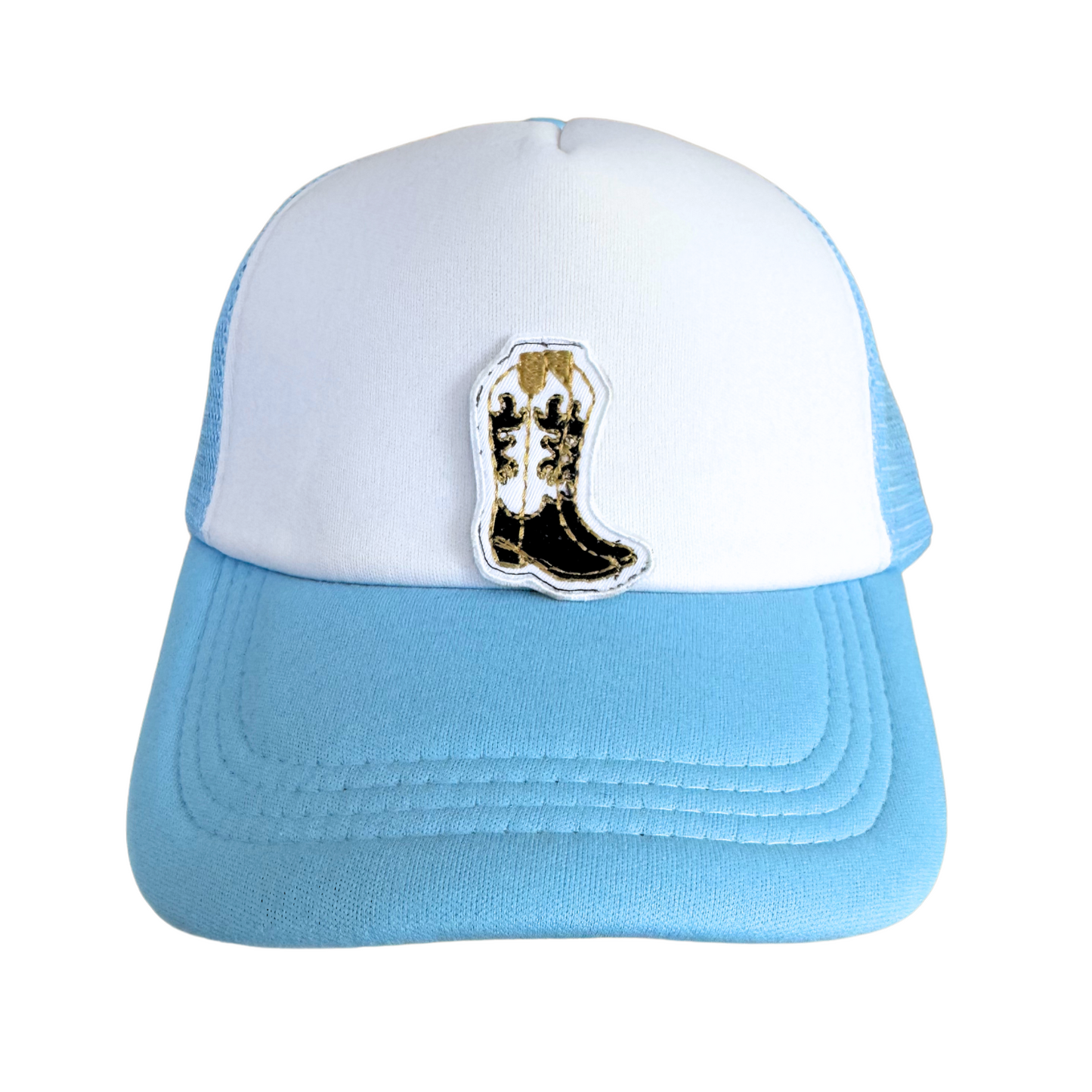 Handmade black and gold cowboy boot iron-on patch inspired by MU colors, ready to ship.