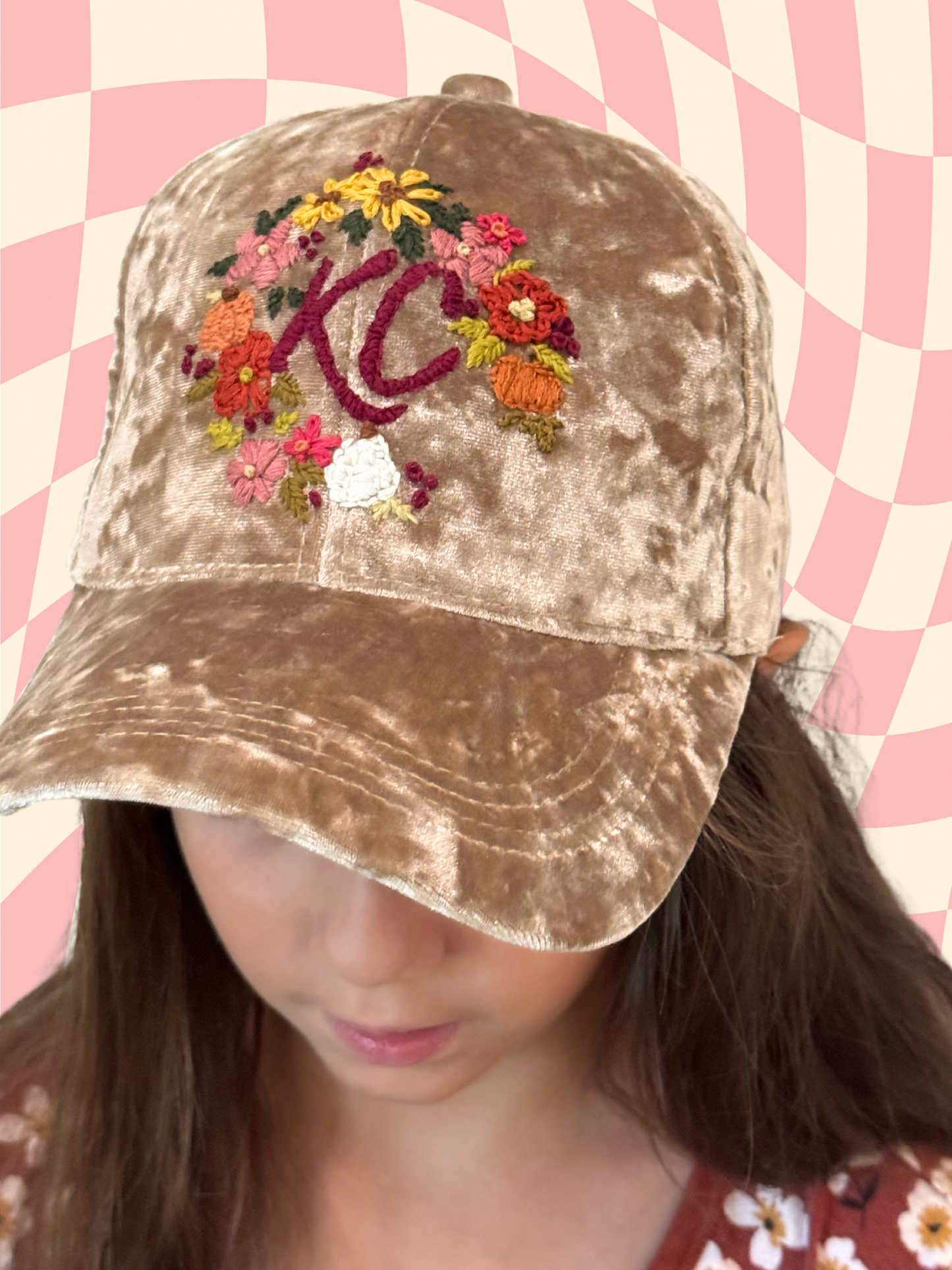 Beige Velvet KC Hat – Hand-Embroidered Floral Design with KC Logo, Ready to Ship, Made in Kansas City
