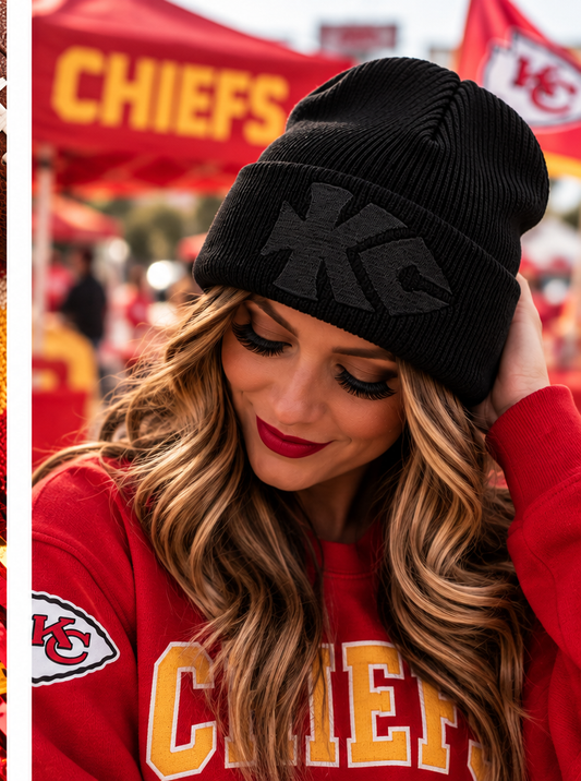 All-black KC Arrowhead embroidered beanie lifestyle game-day photo
