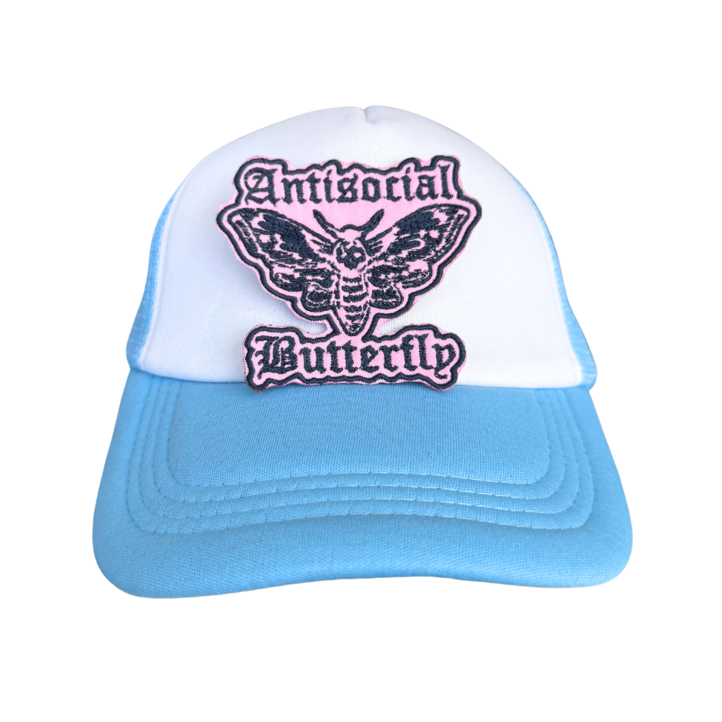 Trucker hat with the Antisocial Butterfly embroidered patch ironed onto the front.