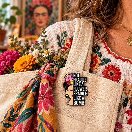 Artist quote enamel pin on canvas tote lifestyle image