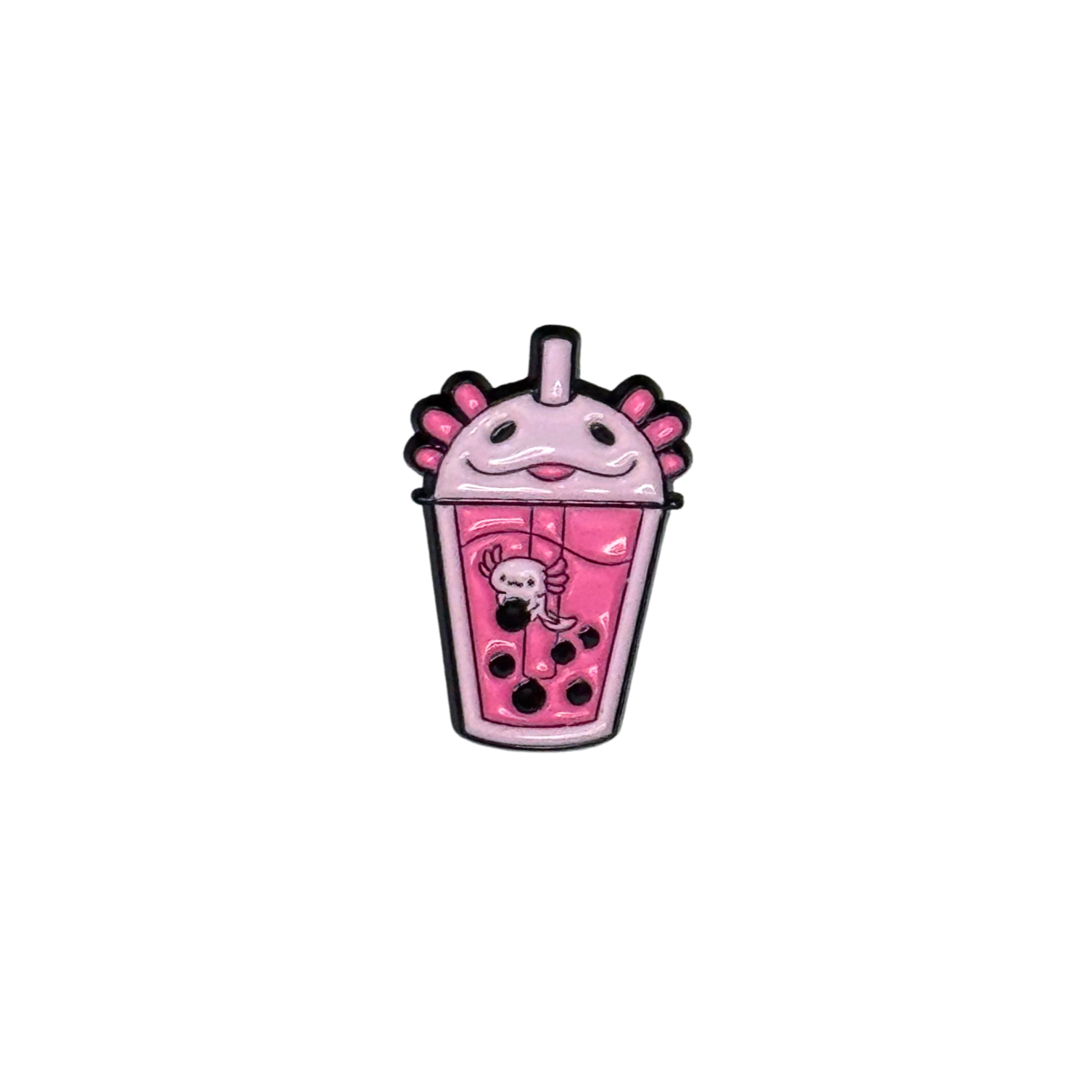 “Front view of pink axlotyl boba enamel pin”