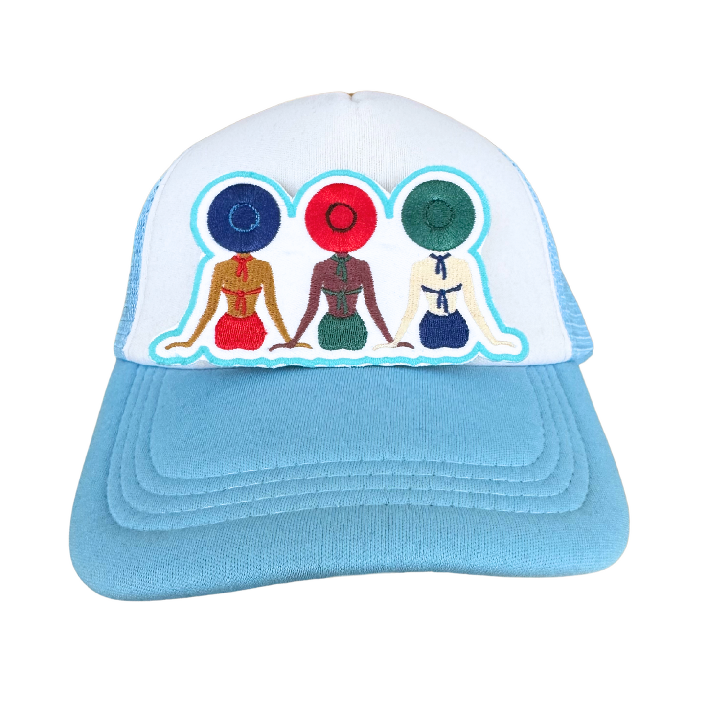 Trucker hat with embroidered beach babes patch showing women in swimwear sitting side by side