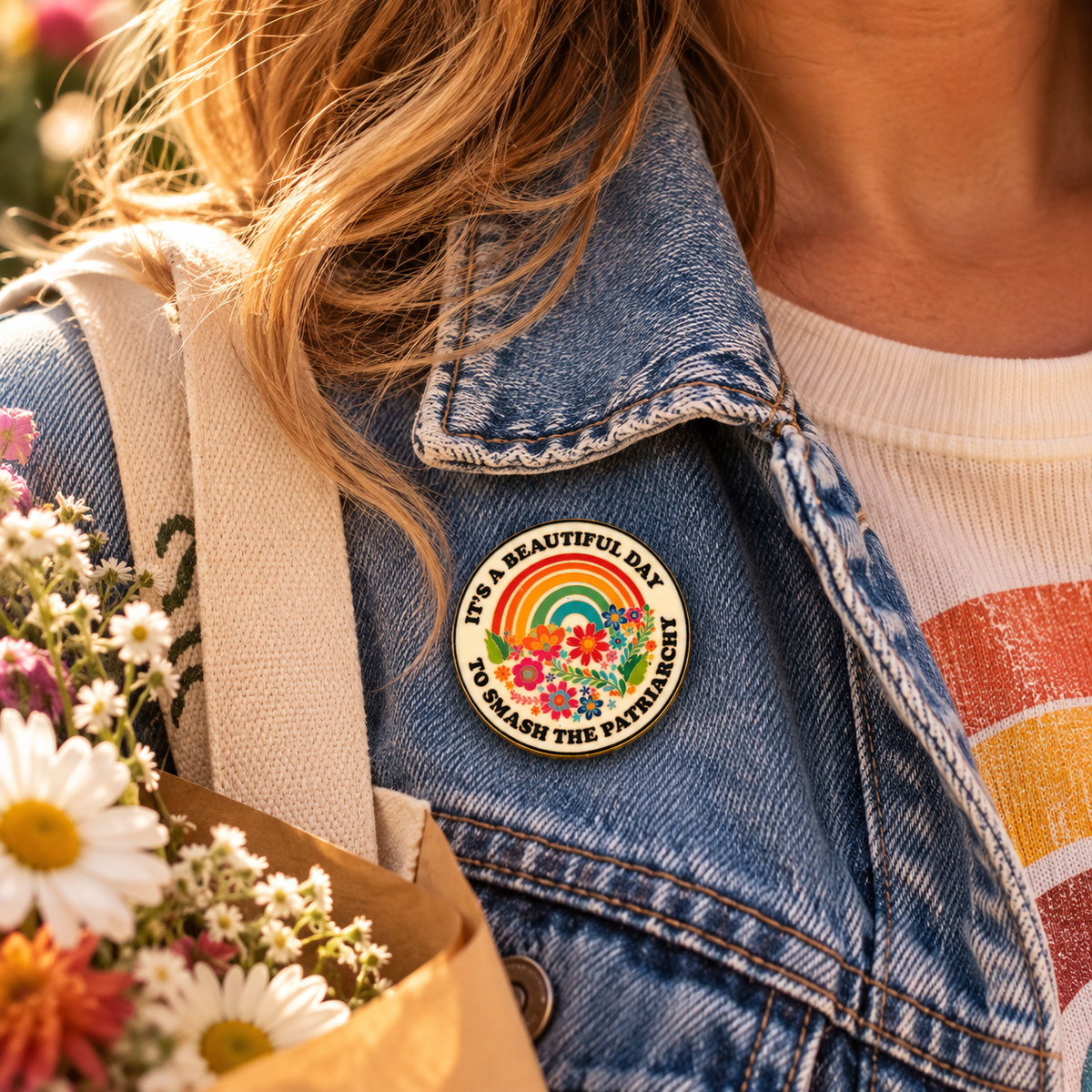 It's a Beautiful Day to Smash the Patriarchy rainbow floral enamel pin on denim jacket