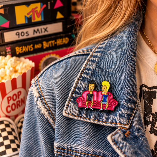Beavis and Butt-Head couch enamel pin on denim jacket lifestyle image