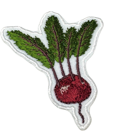 Side angle view showing beet patch embroidery details