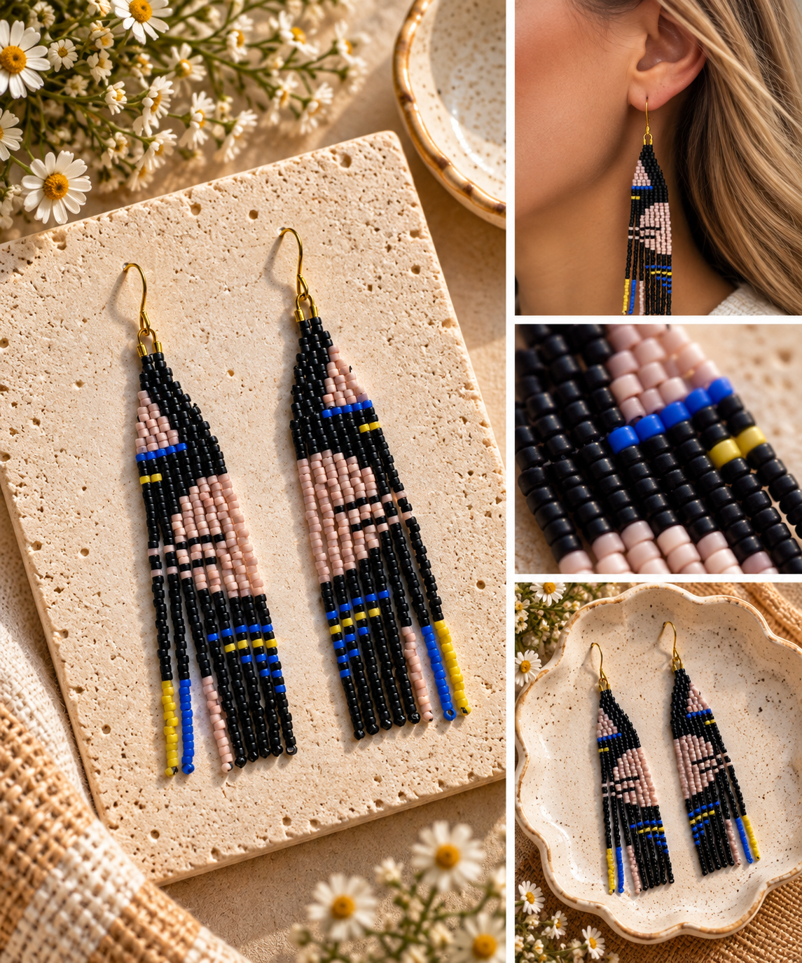 Black, blush, blue and yellow hand-beaded fringe earrings by Milkweed Baby