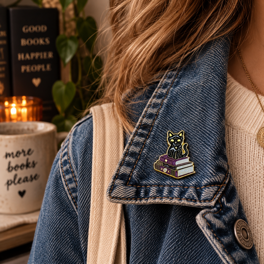 Black Cat on Books enamel pin worn on a denim jacket